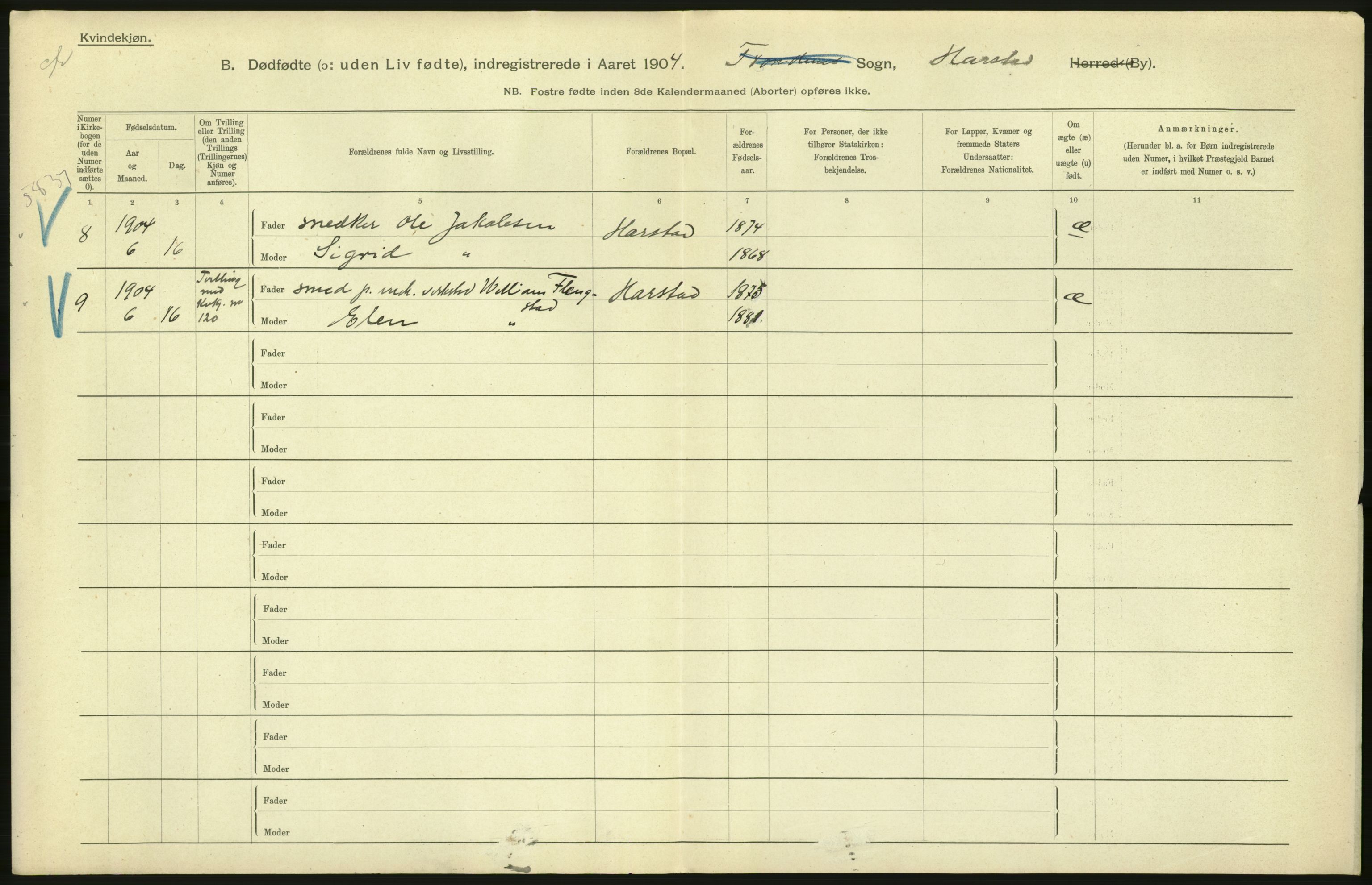 Statistisk sentralbyrå, Sosiodemografiske emner, Befolkning, RA/S-2228/D/Df/Dfa/Dfab/L0027: Smålenes amt - Finnmarkens amt: Dødfødte. Byer, 1904, s. 212