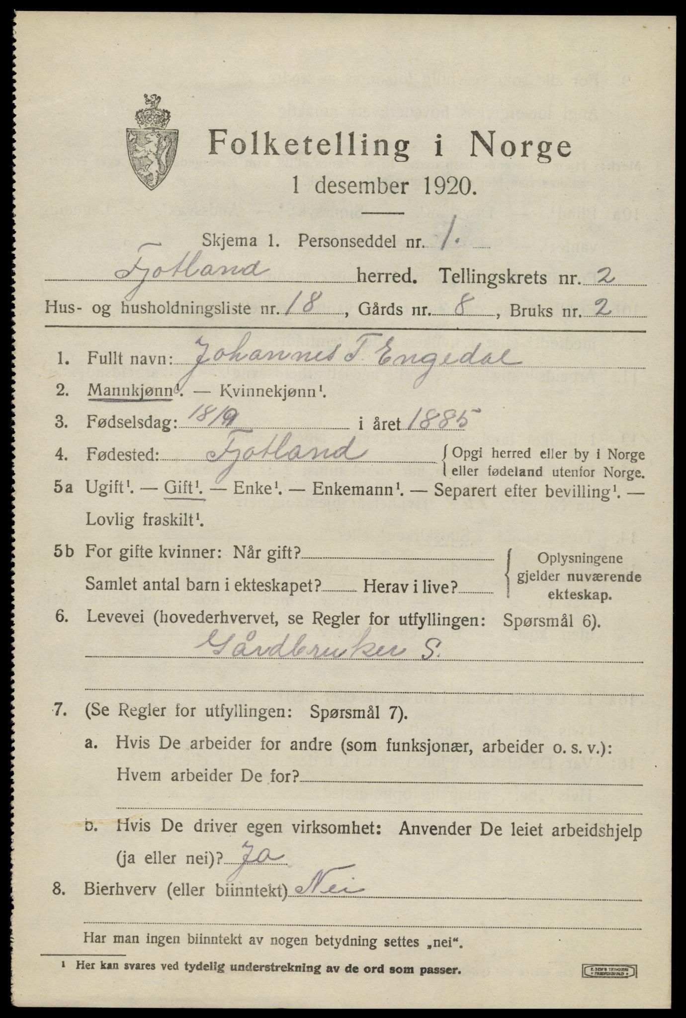 SAK, Folketelling 1920 for 1036 Fjotland herred, 1920, s. 870