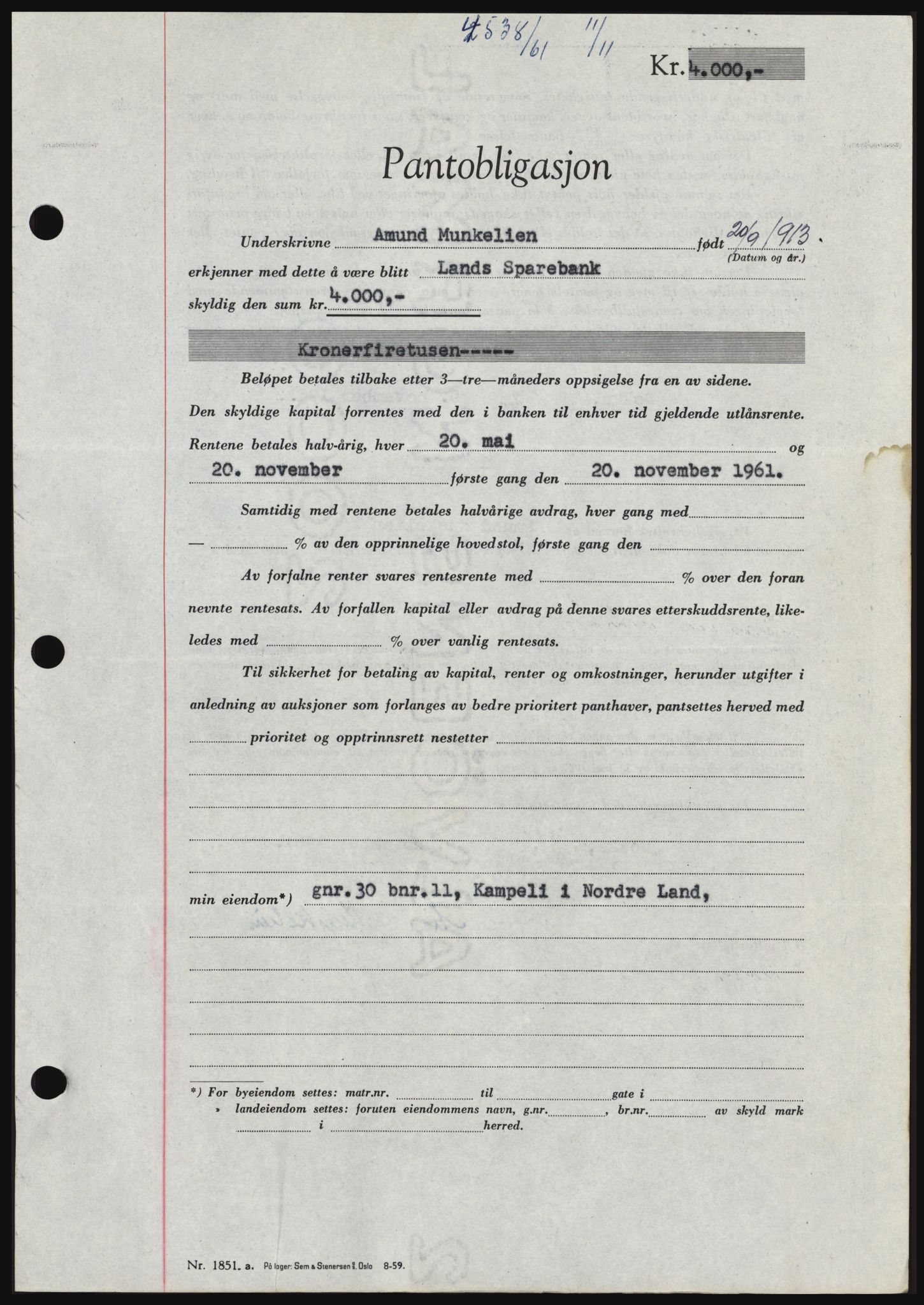 Hadeland og Land tingrett, SAH/TING-010/H/Hb/Hbc/L0047: Pantebok nr. B47, 1961-1962, Dagboknr: 4538/1961