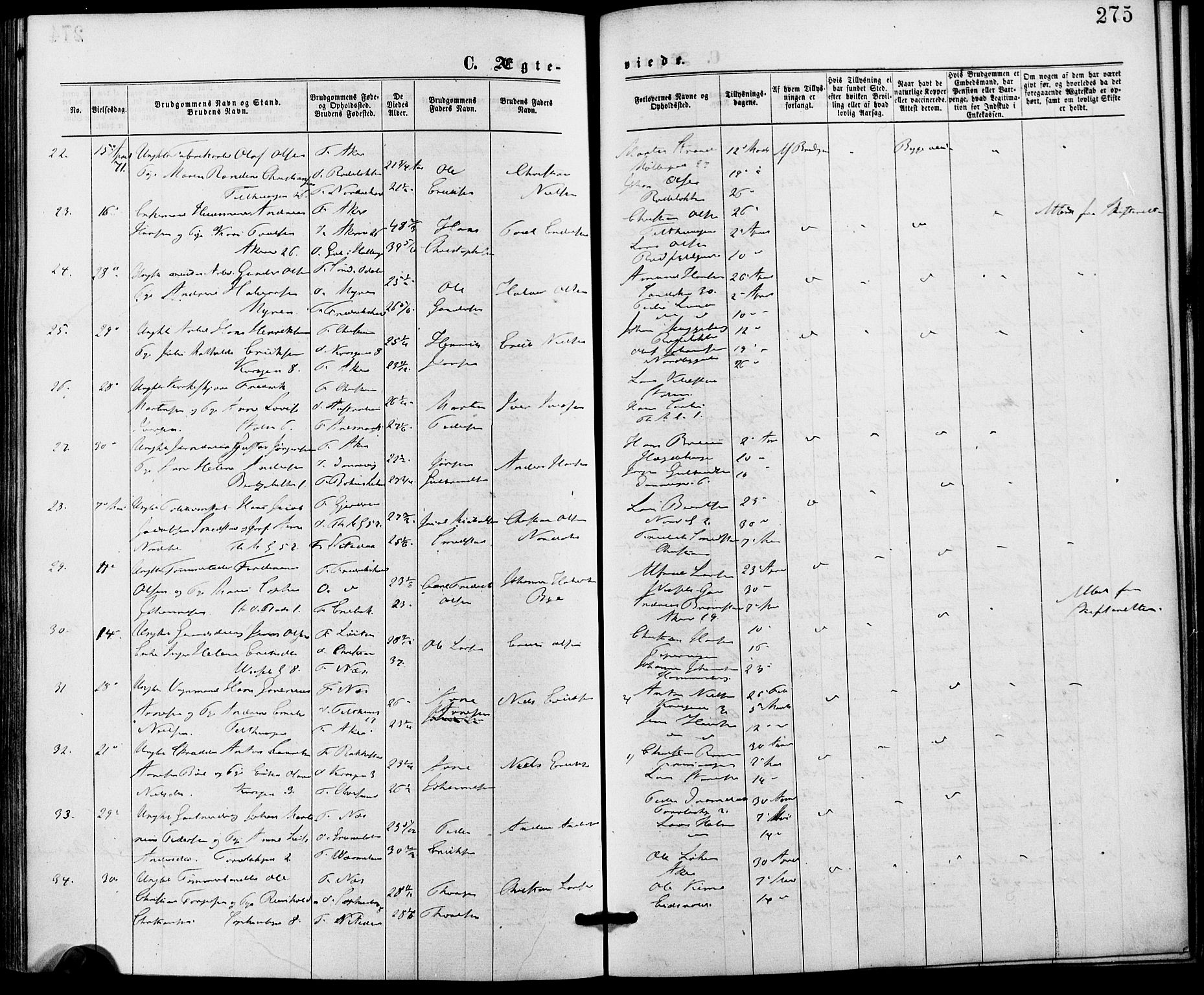 Gamle Aker prestekontor Kirkebøker, AV/SAO-A-10617a/G/L0003: Klokkerbok nr. 3, 1869-1874, s. 275