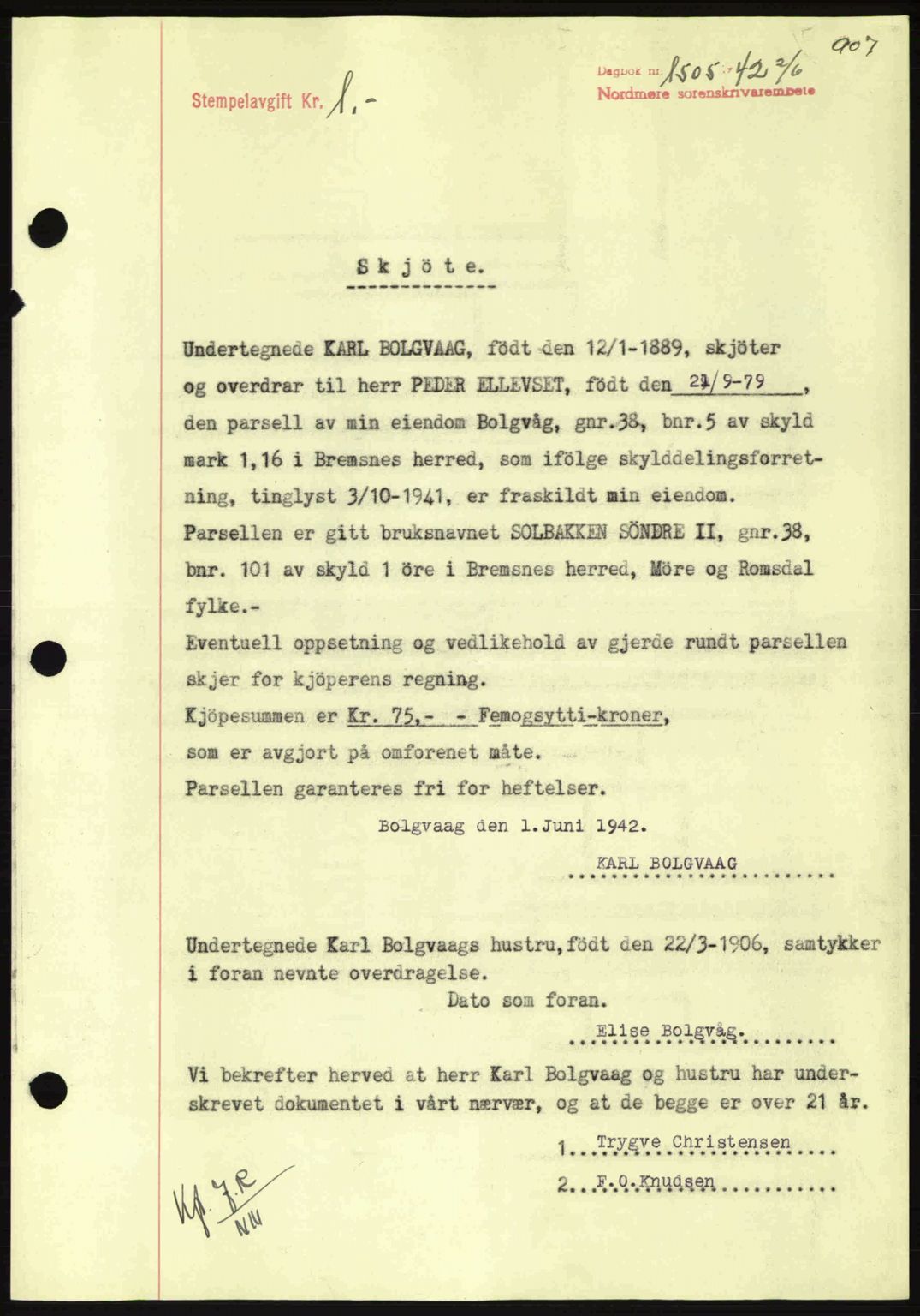 Nordmøre sorenskriveri, SAT/A-4132/1/2/2Ca: Pantebok nr. A92, 1942-1942, Dagboknr: 1505/1942
