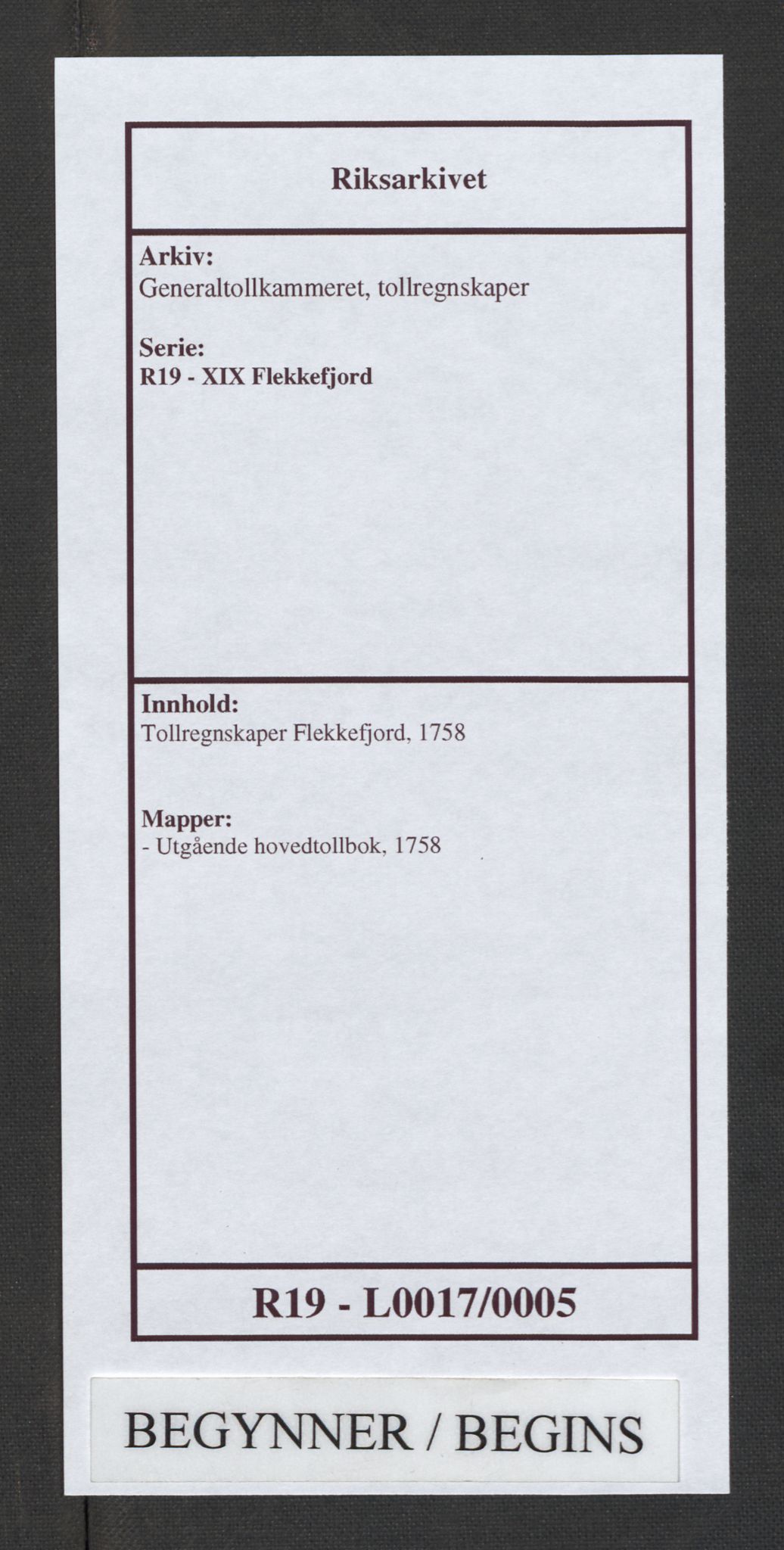 Generaltollkammeret, tollregnskaper, RA/EA-5490/R19/L0017/0005: Tollregnskaper Flekkefjord / Utgående hovedtollbok, 1758