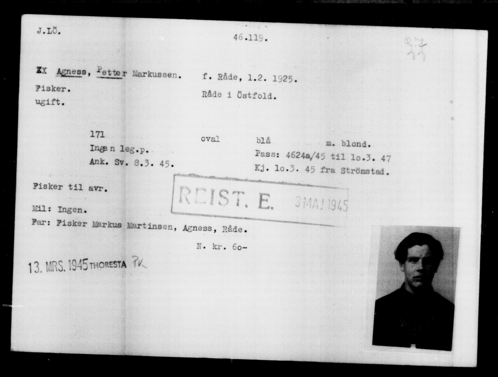 Utenriksstasjonene, Legasjonen i Stockholm, Flyktningkontoret, AV/RA-S-6753/V/Va/L0017: Kjesäterkartoteket, flyktninger med registreringsnr. 43400-46318, 1940-1945, s. 2818