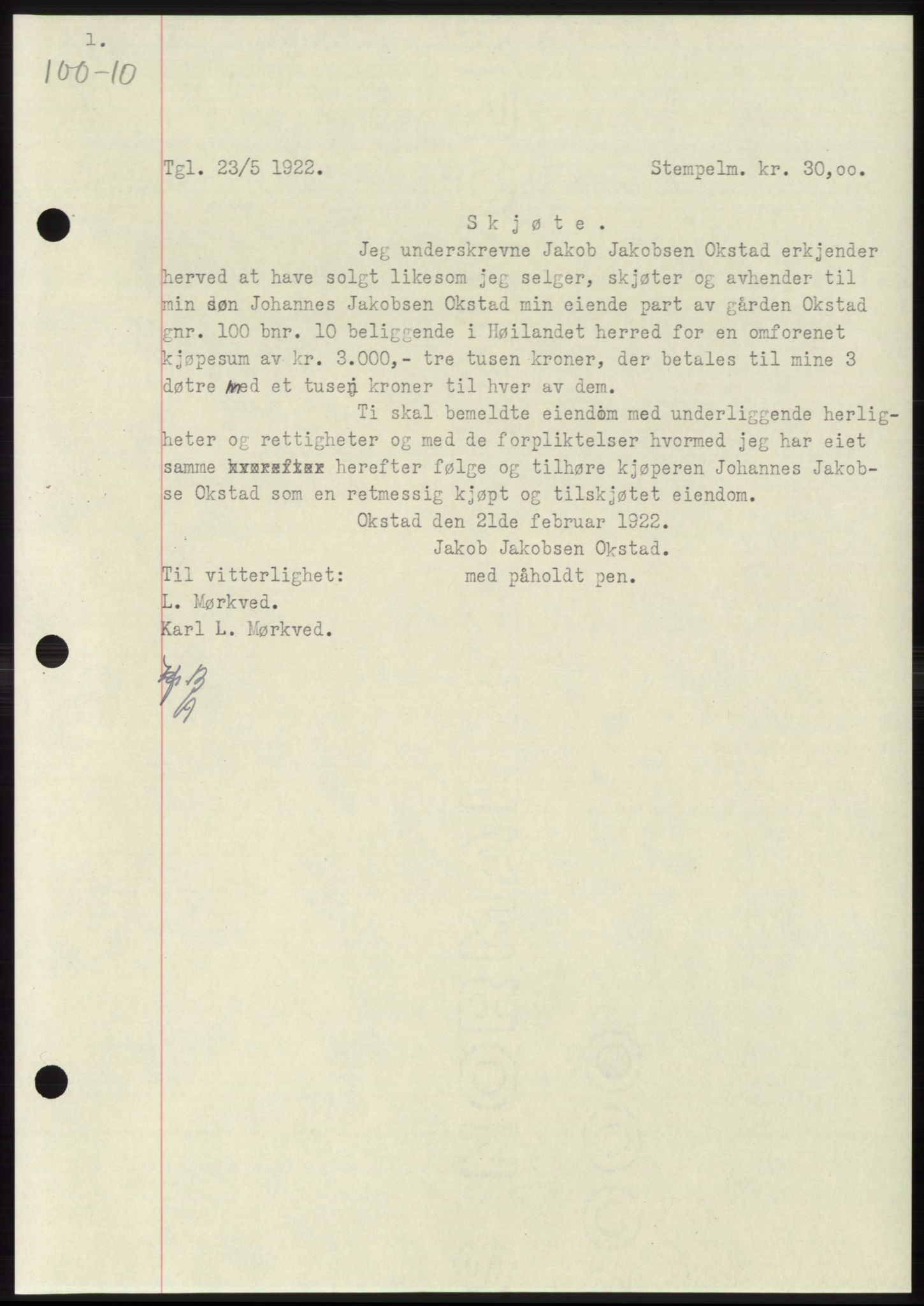 Namdal sorenskriveri, SAT/A-4133/1/2/2C: Pantebok nr. -, 1922-1925, Tingl.dato: 23.05.1922
