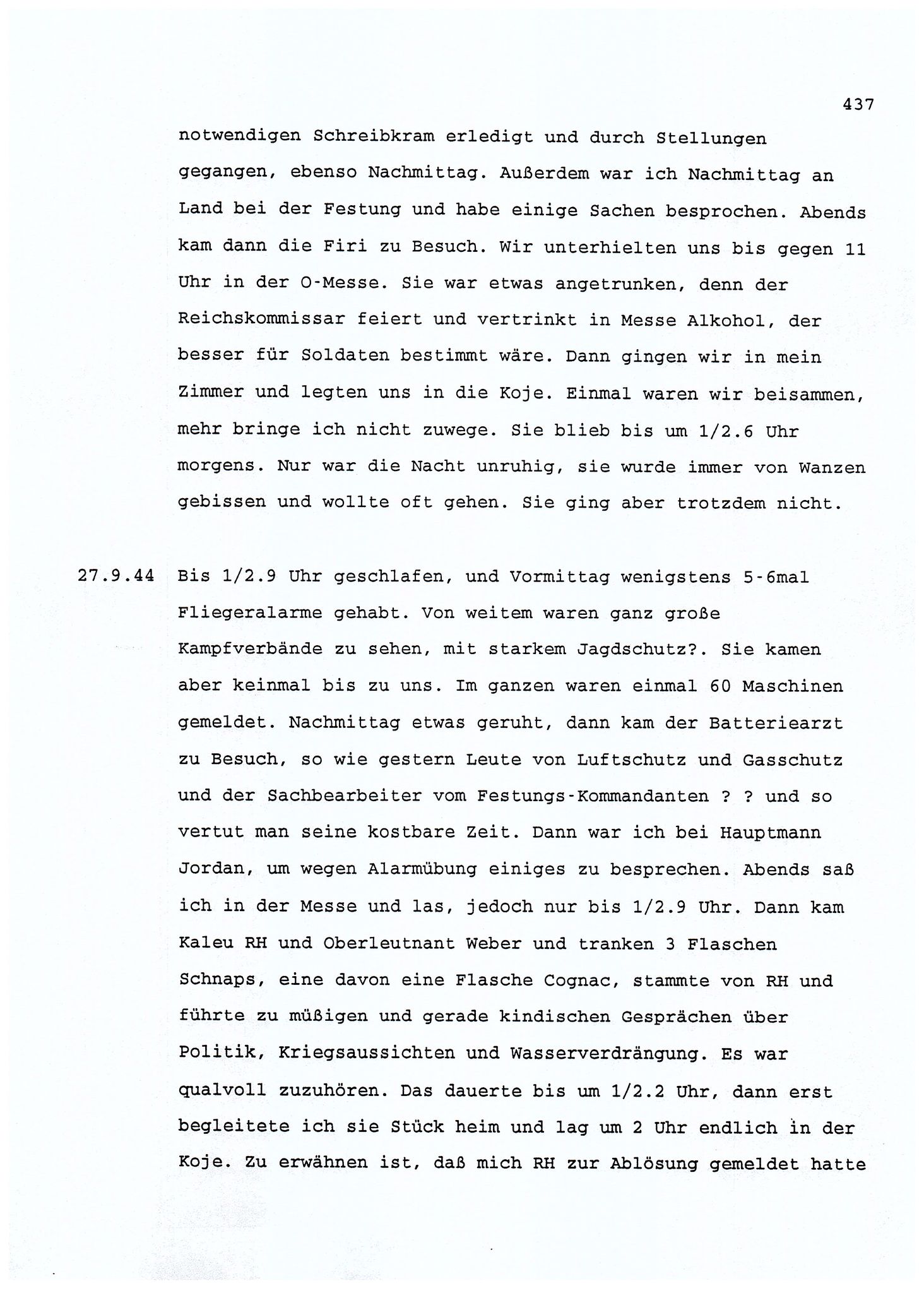 Dagbokopptegnelser av en tysk marineoffiser stasjonert i Norge , FMFB/A-1160/F/L0001: Dagbokopptegnelser av en tysk marineoffiser stasjonert i Norge, 1941-1944, s. 437