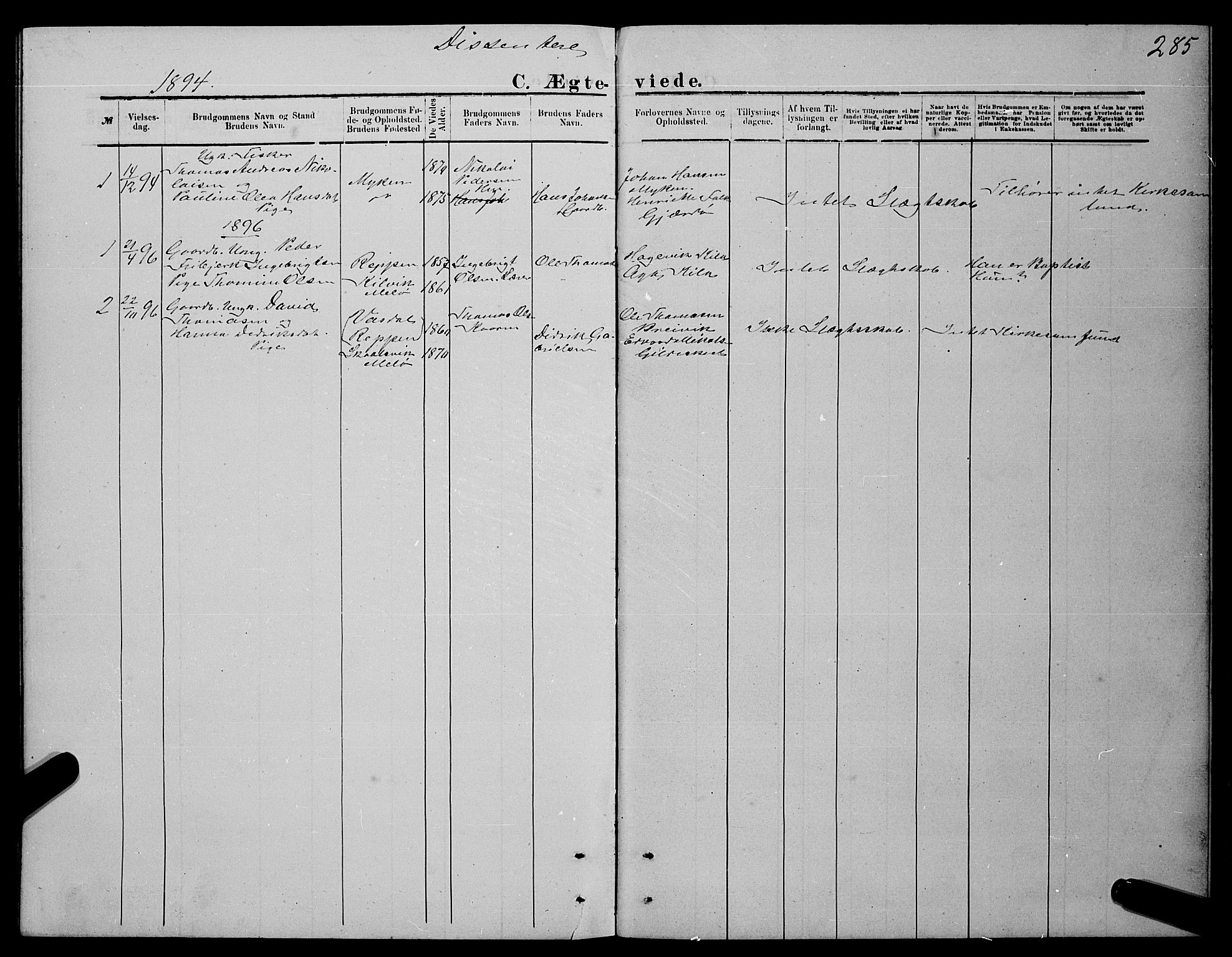 Ministerialprotokoller, klokkerbøker og fødselsregistre - Nordland, AV/SAT-A-1459/841/L0620: Klokkerbok nr. 841C04, 1877-1896, s. 285