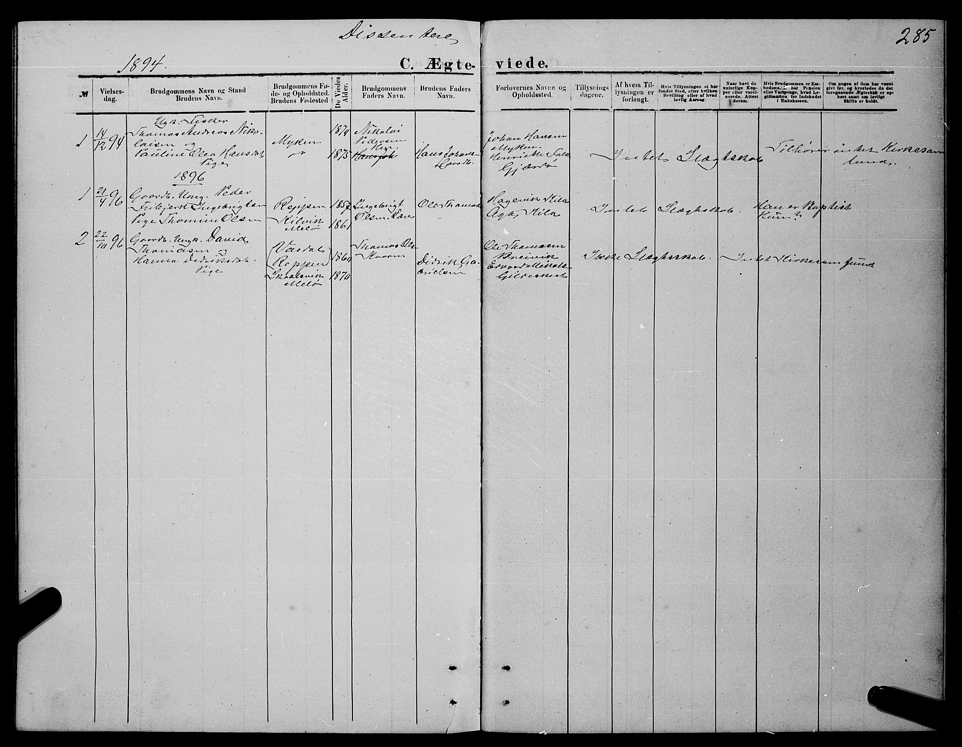 Ministerialprotokoller, klokkerbøker og fødselsregistre - Nordland, SAT/A-1459/841/L0620: Klokkerbok nr. 841C04, 1877-1896, s. 285