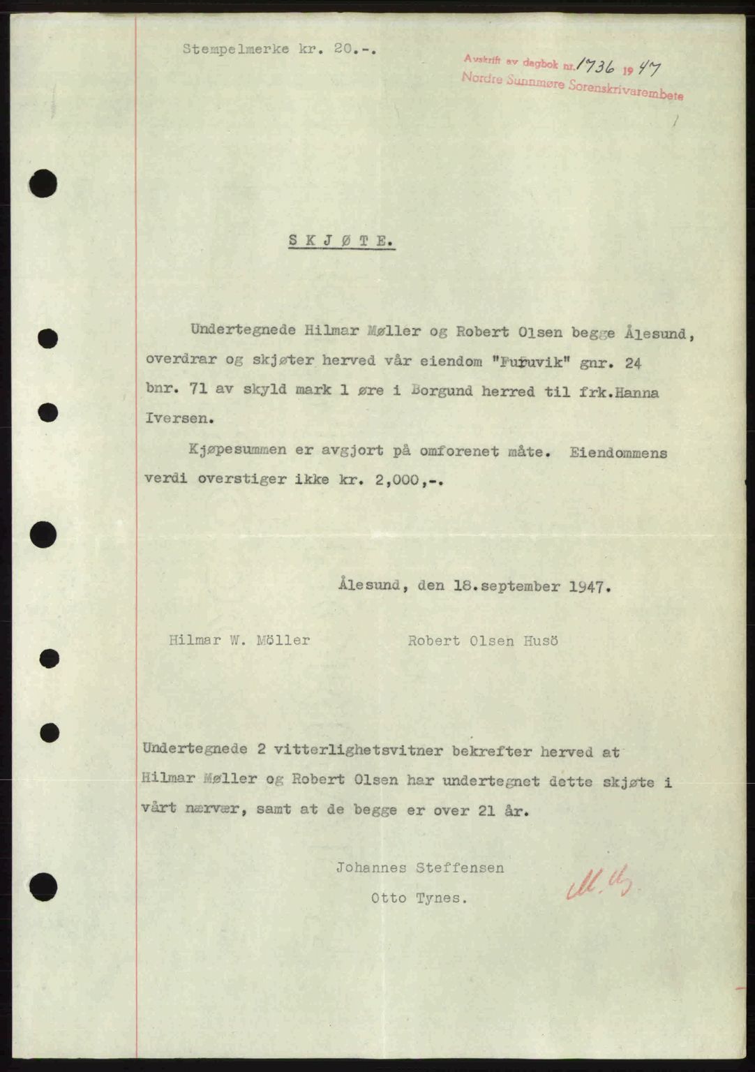 Nordre Sunnmøre sorenskriveri, AV/SAT-A-0006/1/2/2C/2Ca: Pantebok nr. A25, 1947-1947, Dagboknr: 1736/1947