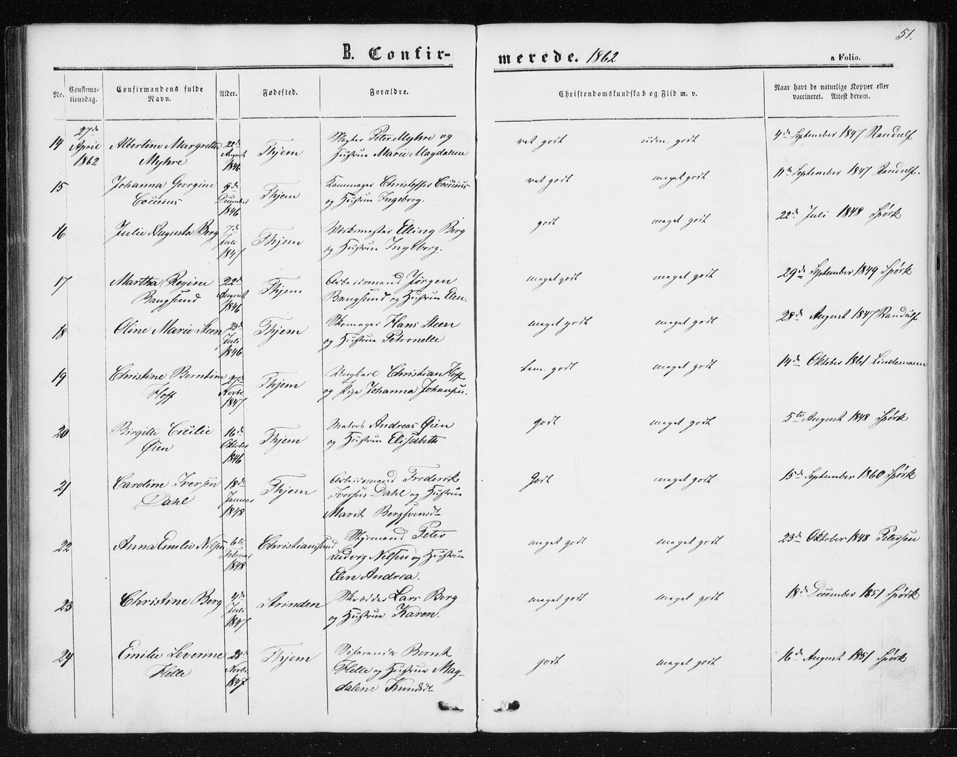 Ministerialprotokoller, klokkerbøker og fødselsregistre - Sør-Trøndelag, AV/SAT-A-1456/602/L0114: Ministerialbok nr. 602A12, 1856-1872, s. 51