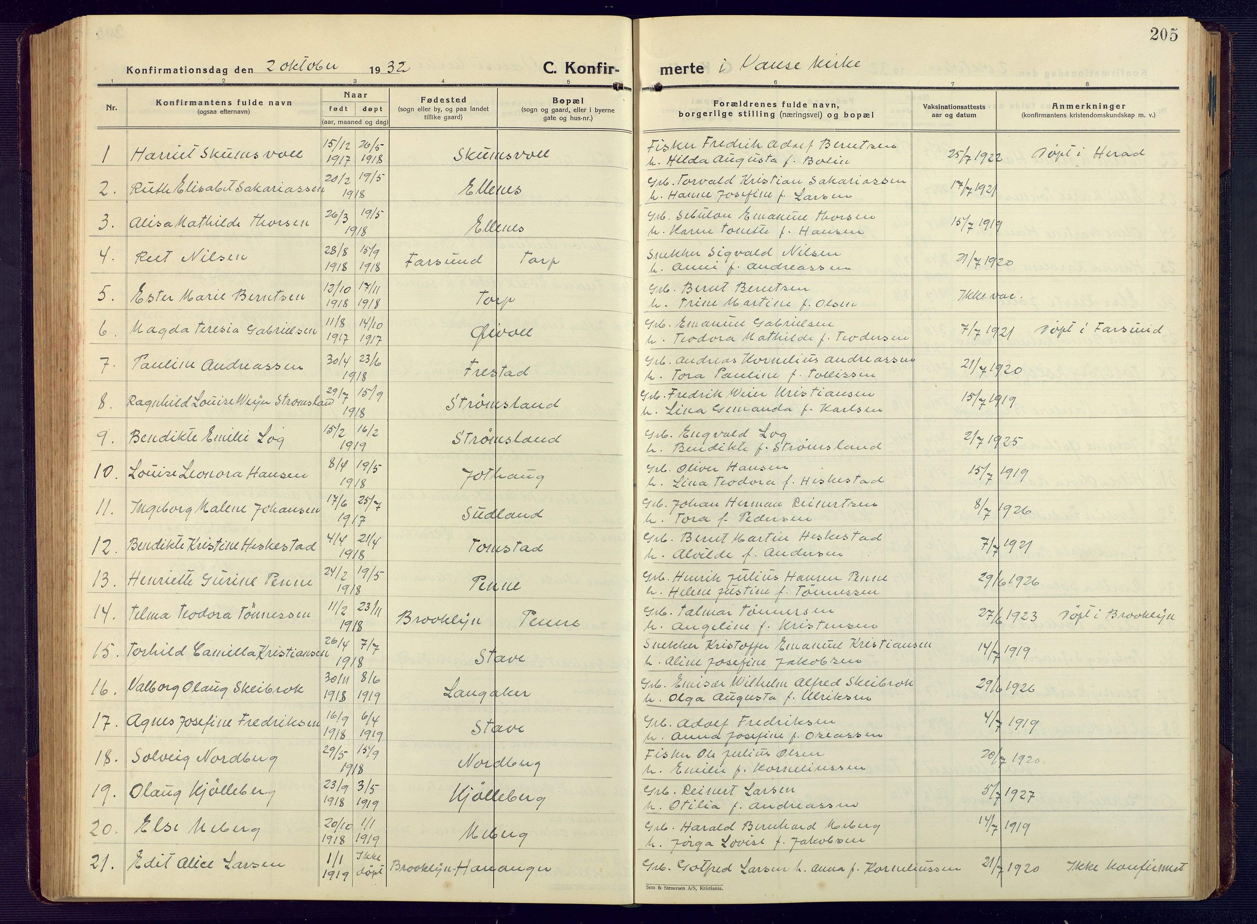 Lista sokneprestkontor, SAK/1111-0027/F/Fb/L0006: Klokkerbok nr. B 6, 1924-1947, s. 205