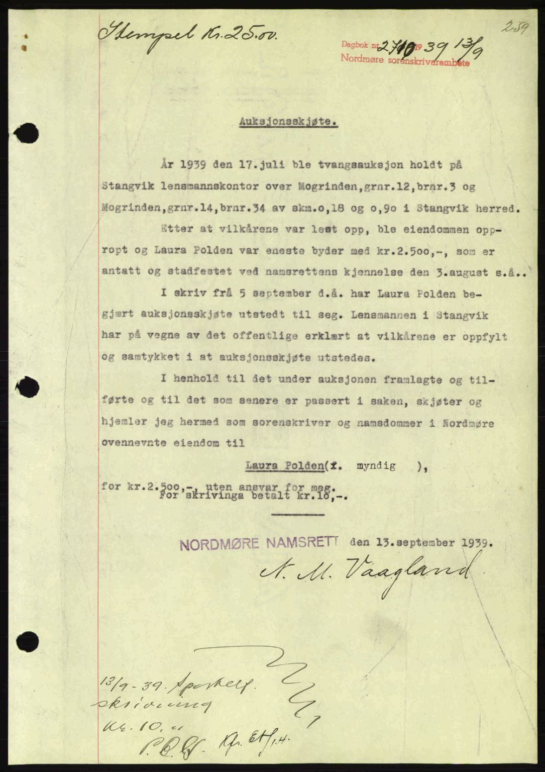 Nordmøre sorenskriveri, SAT/A-4132/1/2/2Ca: Pantebok nr. A87, 1939-1940, Dagboknr: 2710/1939