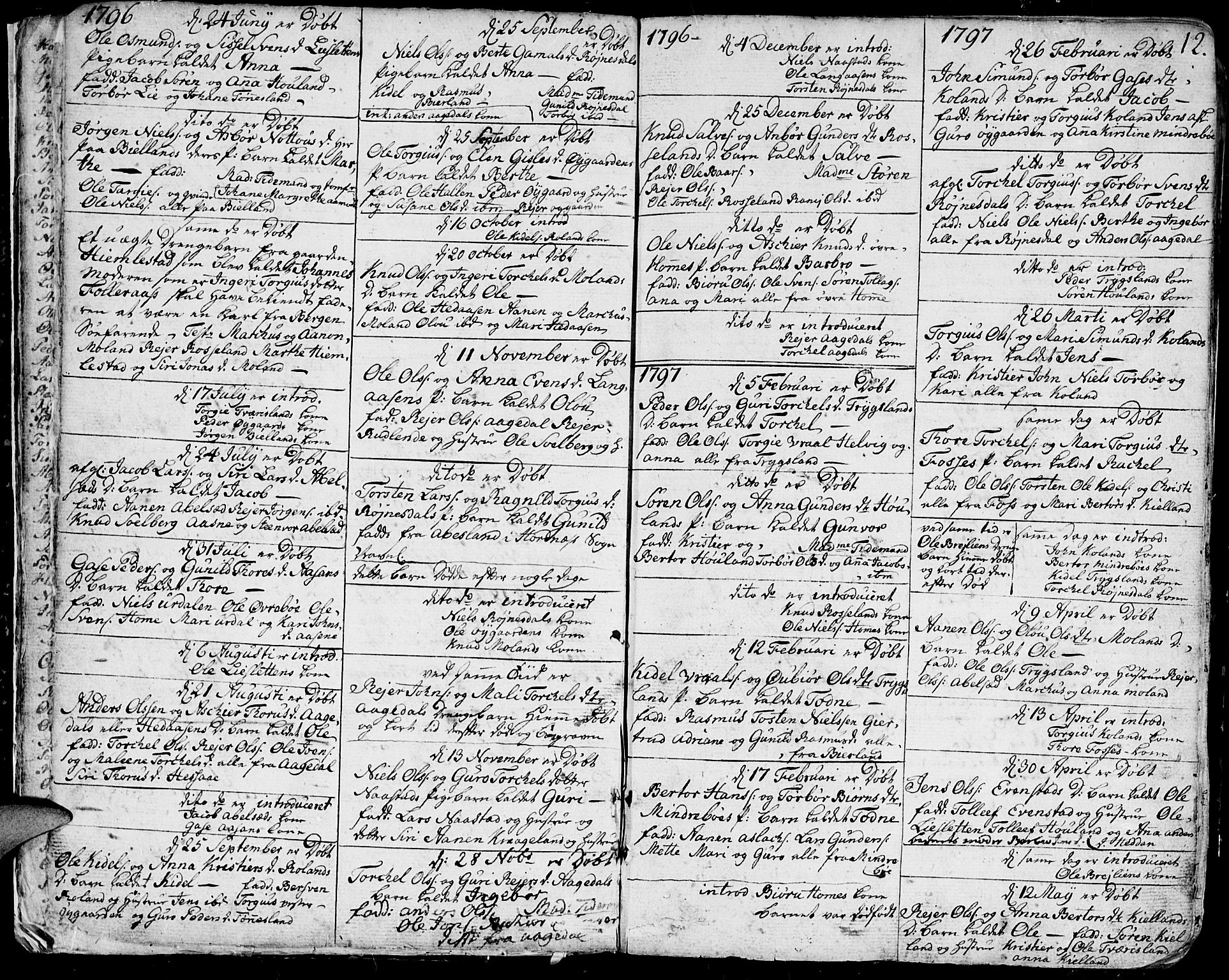 Bjelland sokneprestkontor, AV/SAK-1111-0005/F/Fa/Faa/L0001: Ministerialbok nr. A 1 /1, 1793-1815, s. 12