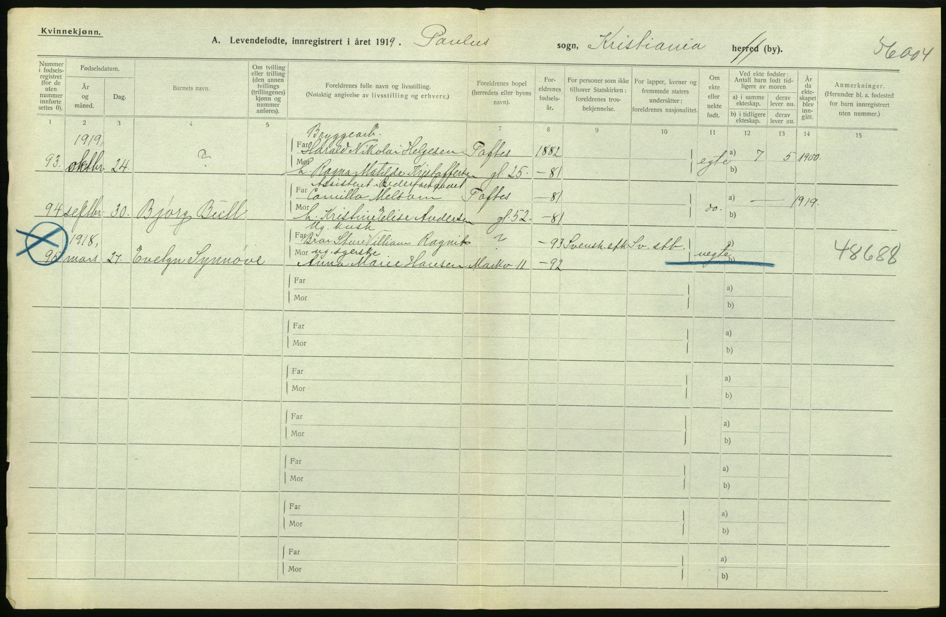 Statistisk sentralbyrå, Sosiodemografiske emner, Befolkning, AV/RA-S-2228/D/Df/Dfb/Dfbi/L0008: Kristiania: Levendefødte menn og kvinner., 1919