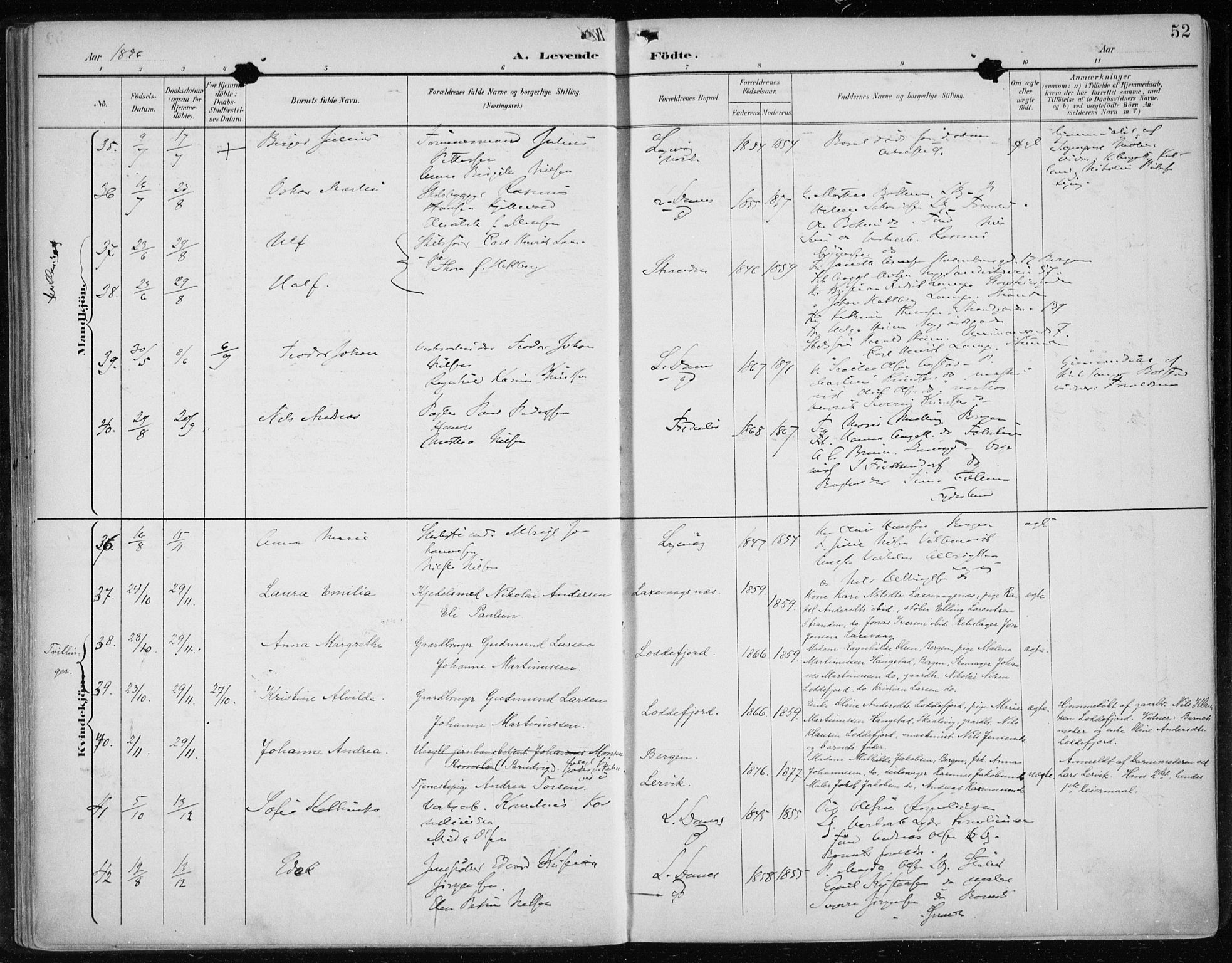 Askøy Sokneprestembete, AV/SAB-A-74101/H/Ha/Haa/Haae/L0003: Ministerialbok nr. E 3, 1891-1903, s. 52