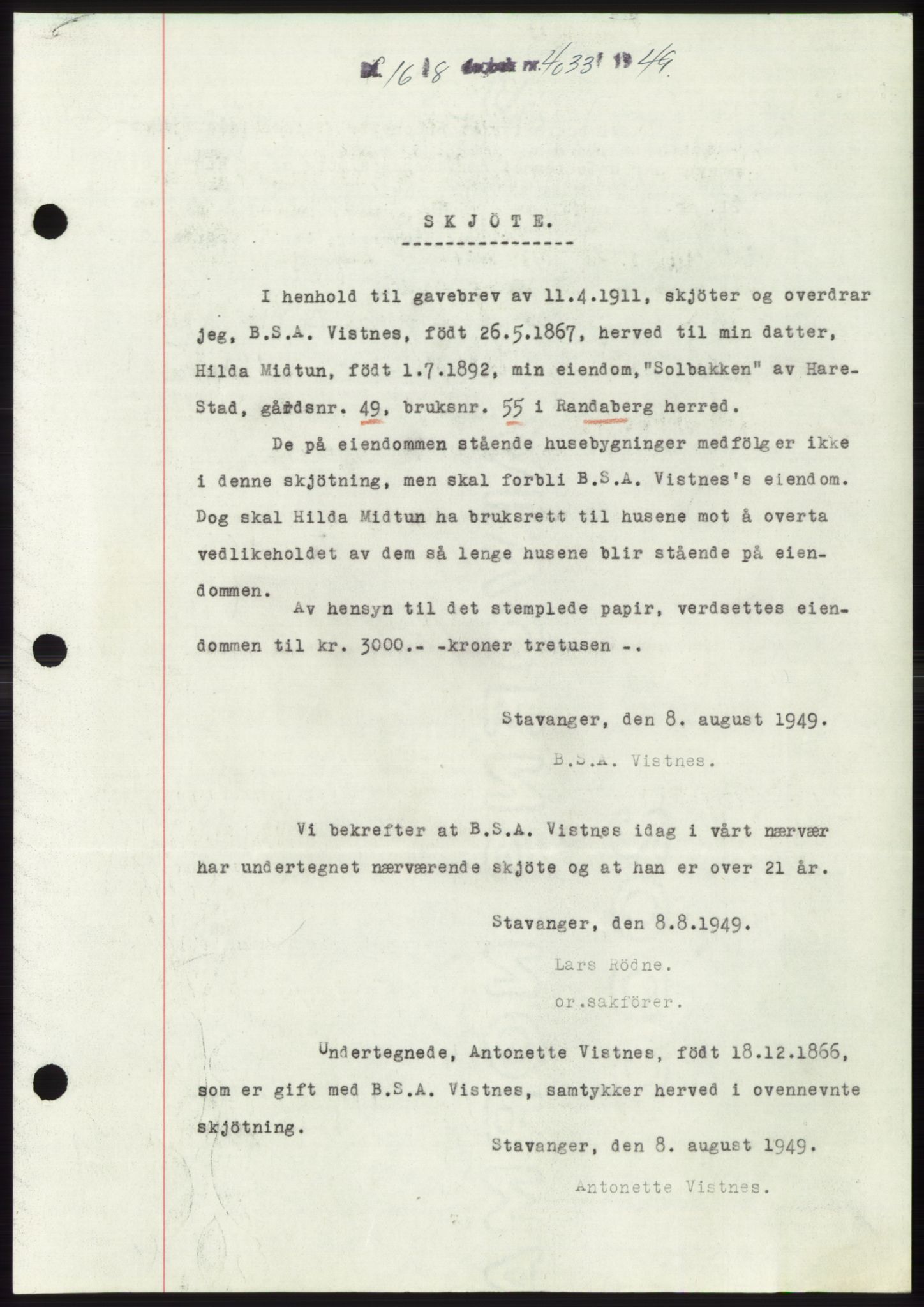 Jæren sorenskriveri, SAST/A-100310/03/G/Gba/L0103: Pantebok, 1949-1949, Dagboknr: 4033/1949