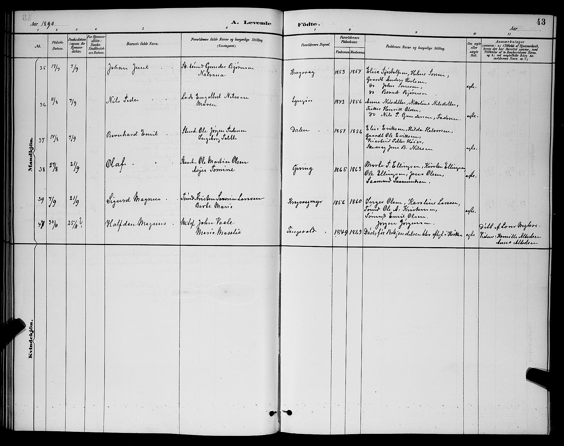 Dypvåg sokneprestkontor, AV/SAK-1111-0007/F/Fb/Fba/L0013: Klokkerbok nr. B 13, 1887-1900, s. 43