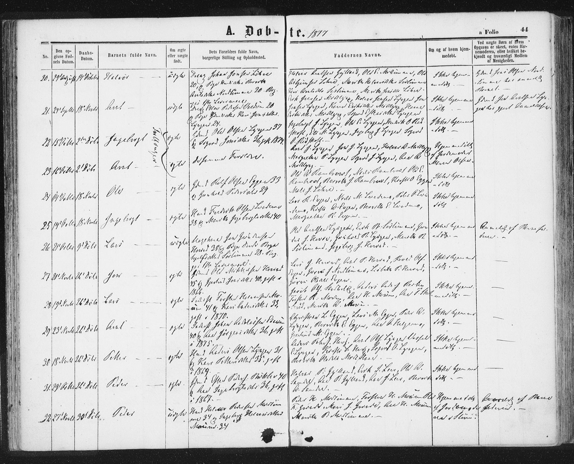 Ministerialprotokoller, klokkerbøker og fødselsregistre - Sør-Trøndelag, SAT/A-1456/692/L1104: Ministerialbok nr. 692A04, 1862-1878, s. 44