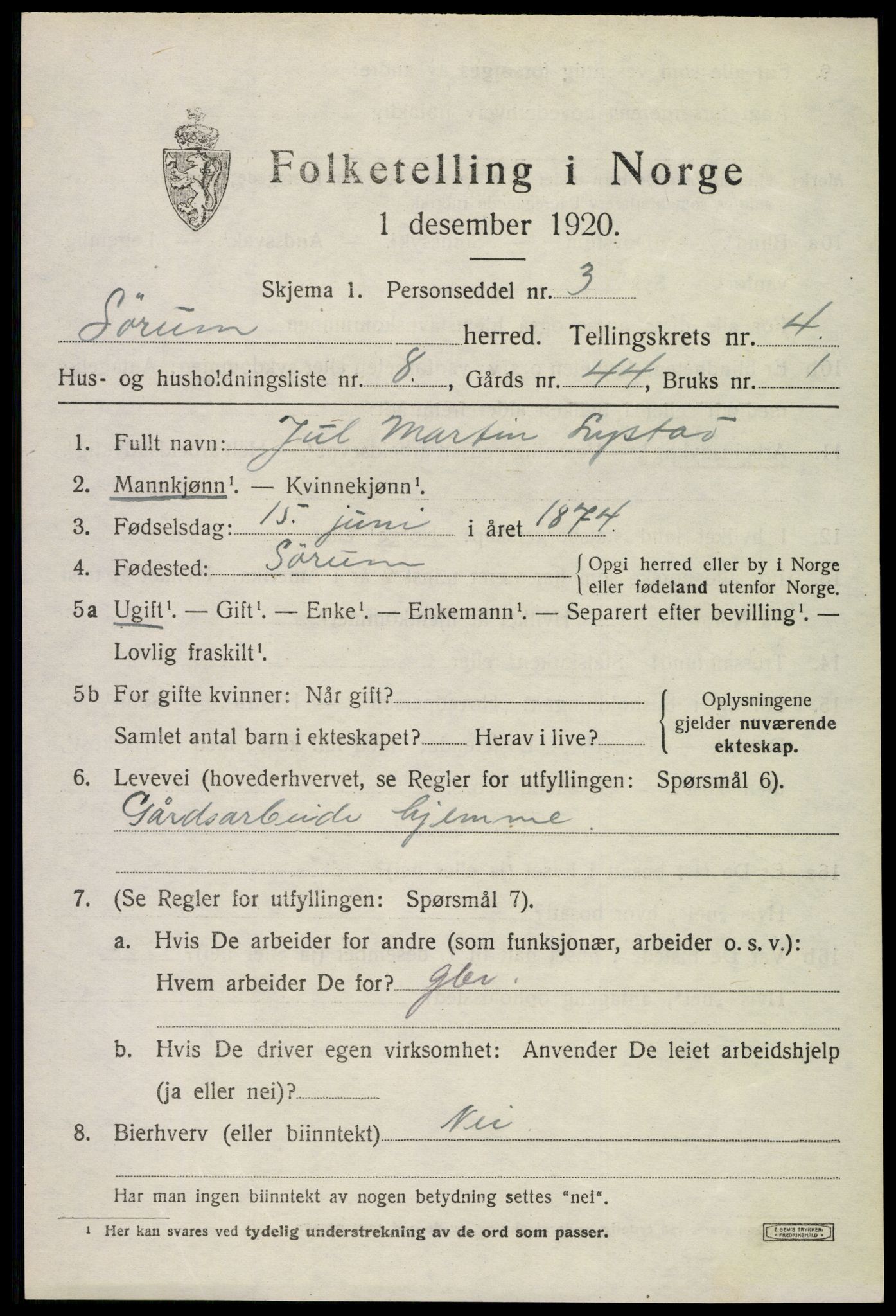 SAO, Folketelling 1920 for 0226 Sørum herred, 1920, s. 3503