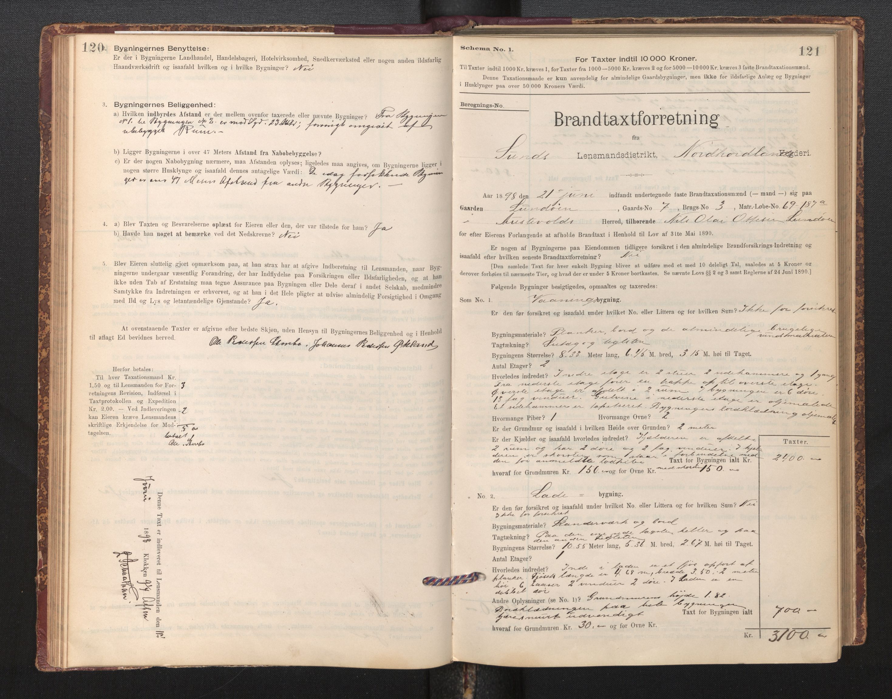 Lensmannen i Sund og Austevoll, AV/SAB-A-35201/0012/L0003: Branntakstprotokoll, skjematakst, 1894-1917, s. 120-121