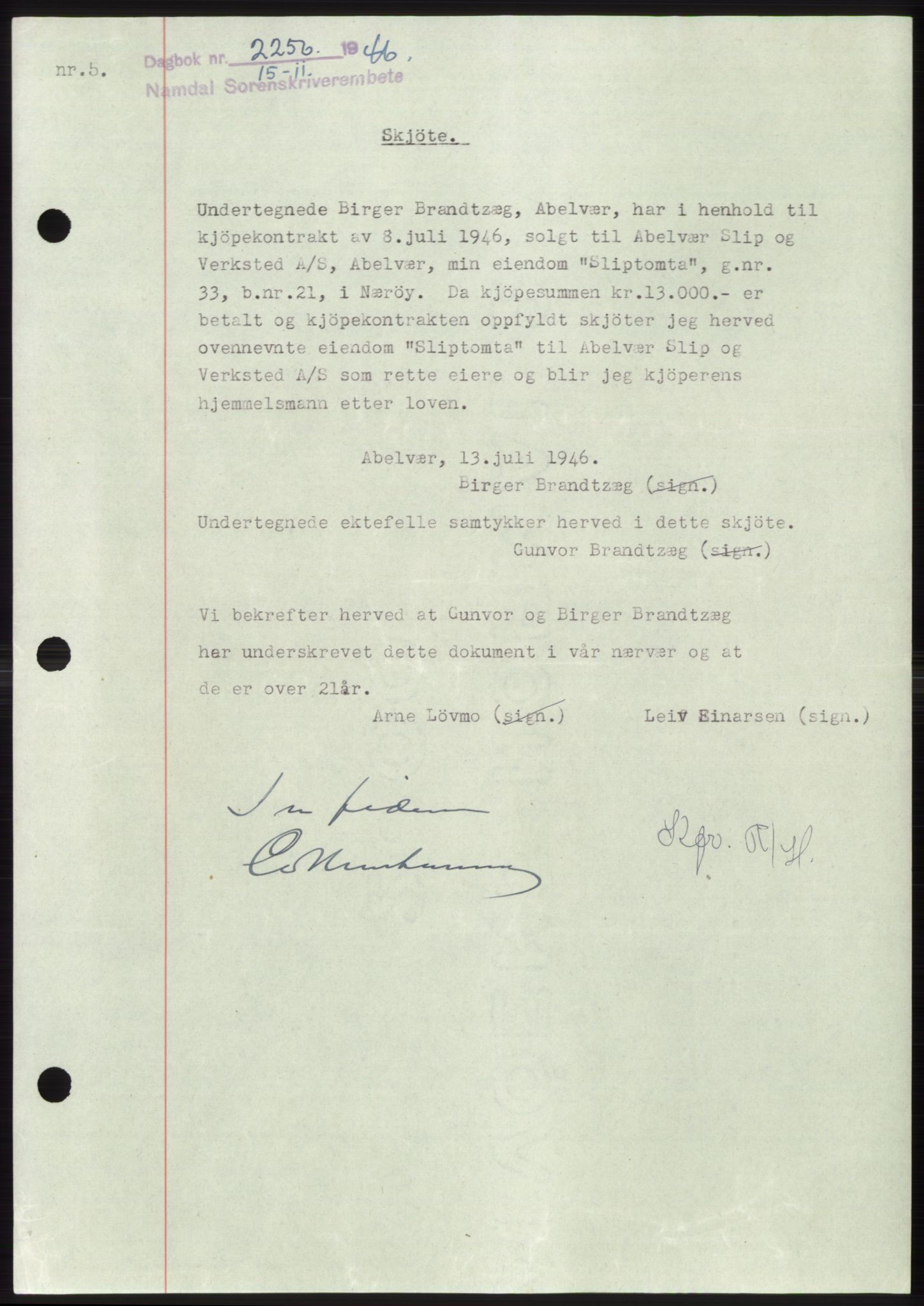 Namdal sorenskriveri, SAT/A-4133/1/2/2C: Pantebok nr. -, 1946-1947, Dagboknr: 2256/1946