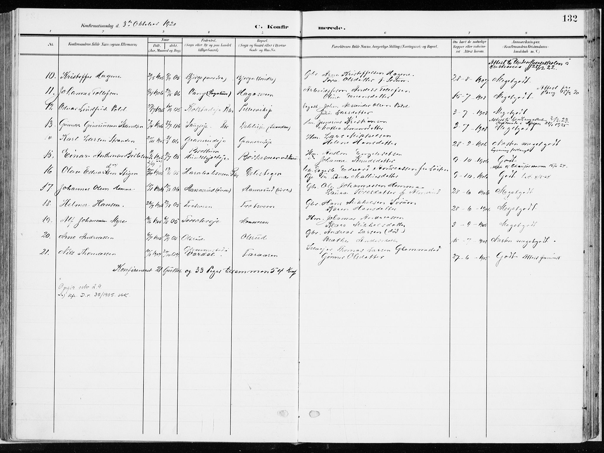 Ringsaker prestekontor, AV/SAH-PREST-014/K/Ka/L0019: Ministerialbok nr. 19, 1905-1920, s. 132