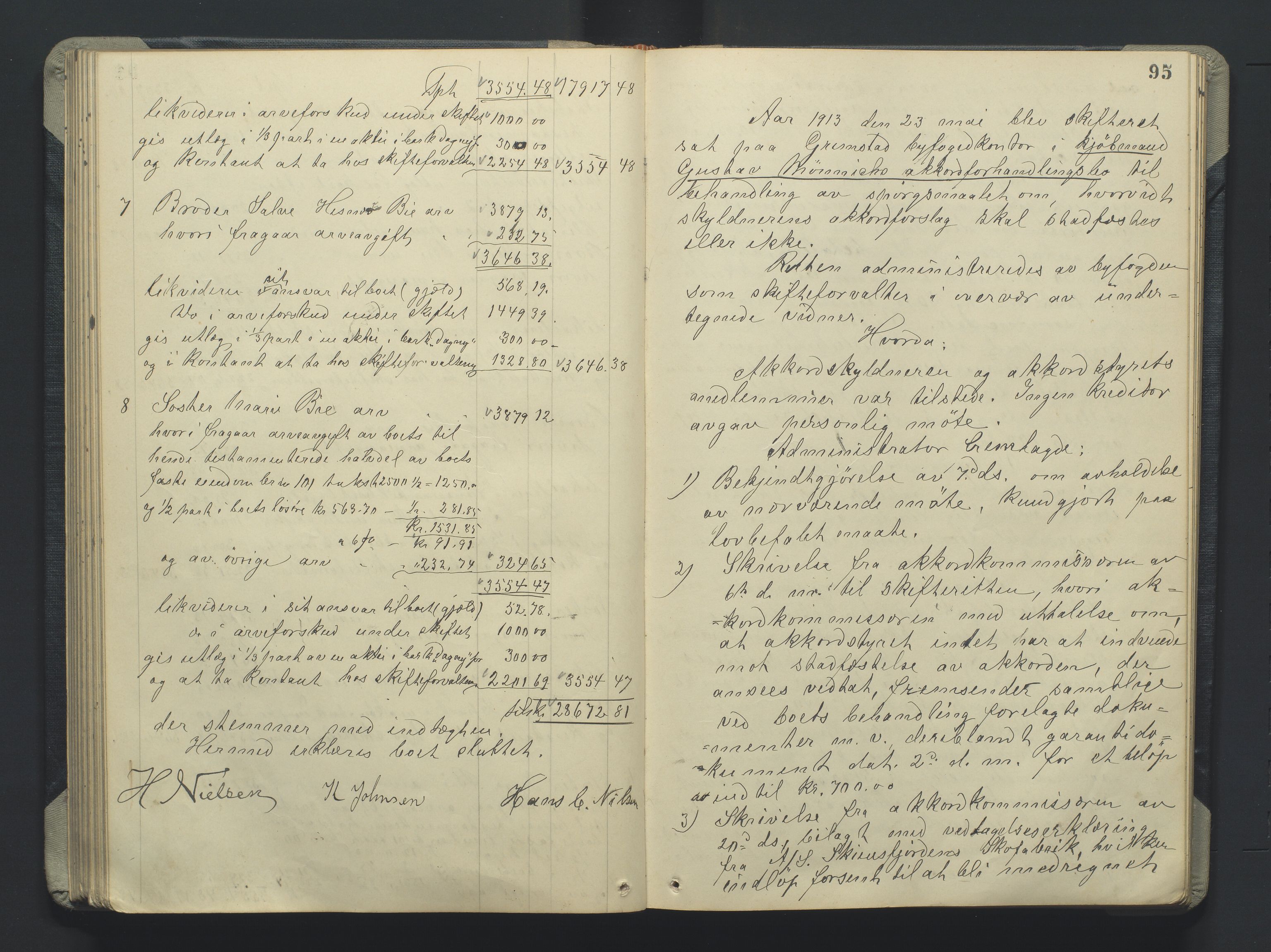 Grimstad byfogd, AV/SAK-1222-0003/H/Hc/L0009: Skifteprotokoll nr. 9, 1908-1918, s. 95