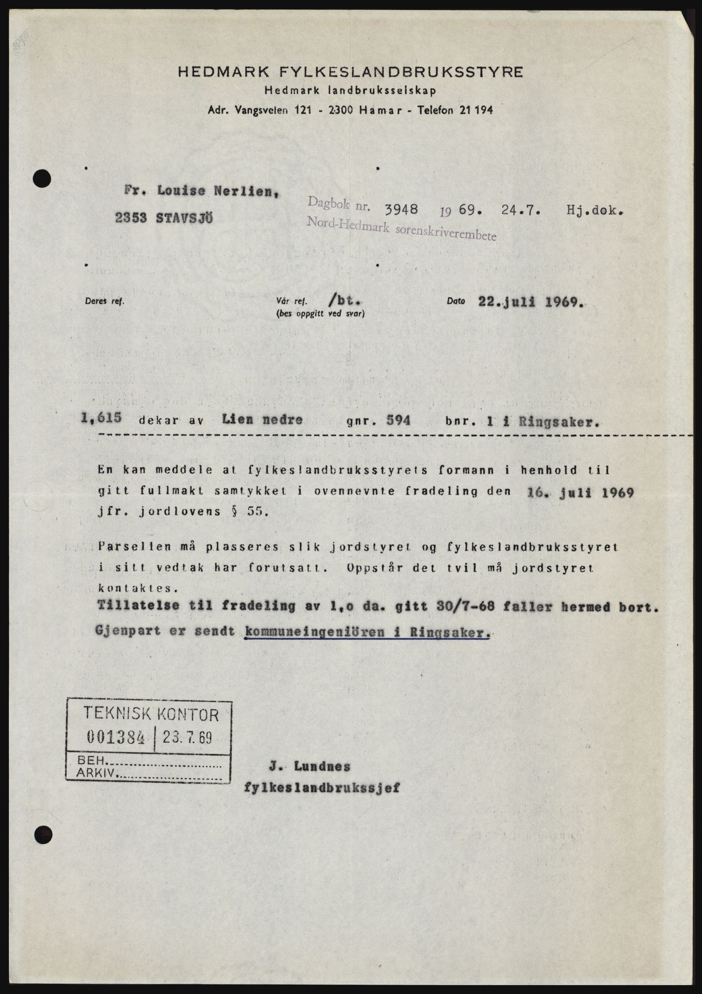 Nord-Hedmark sorenskriveri, SAH/TING-012/H/Hc/L0031: Pantebok nr. 31, 1969-1969, Dagboknr: 3948/1969