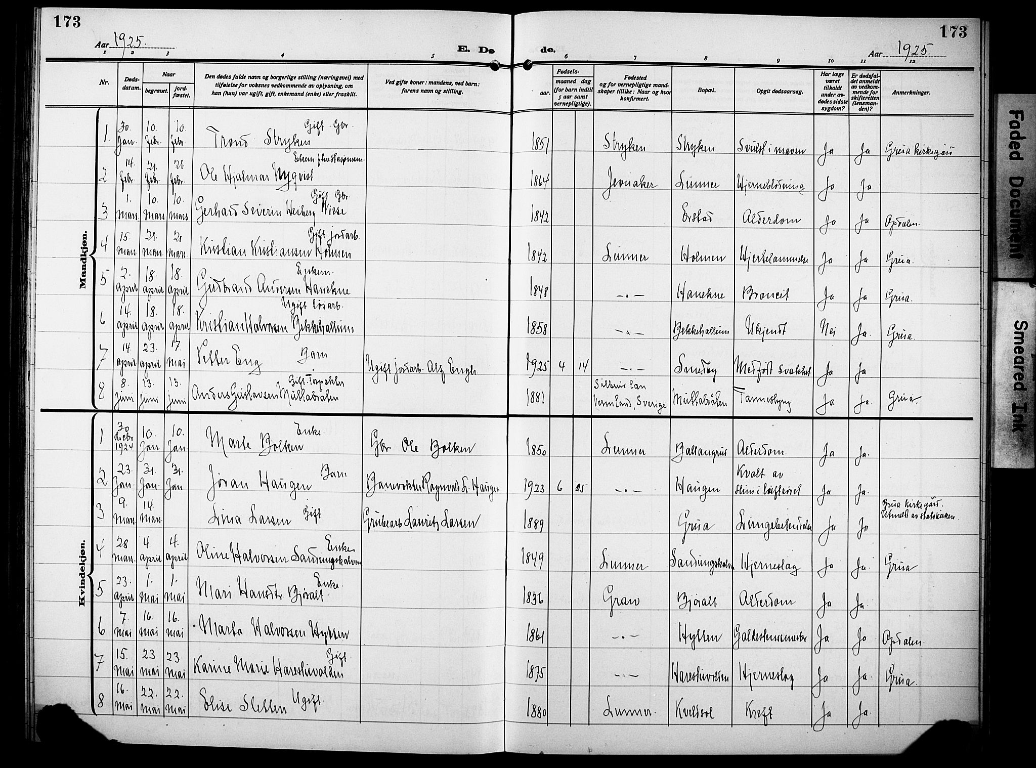 Lunner prestekontor, SAH/PREST-118/H/Ha/Hab/L0002: Klokkerbok nr. 2, 1923-1933, s. 173