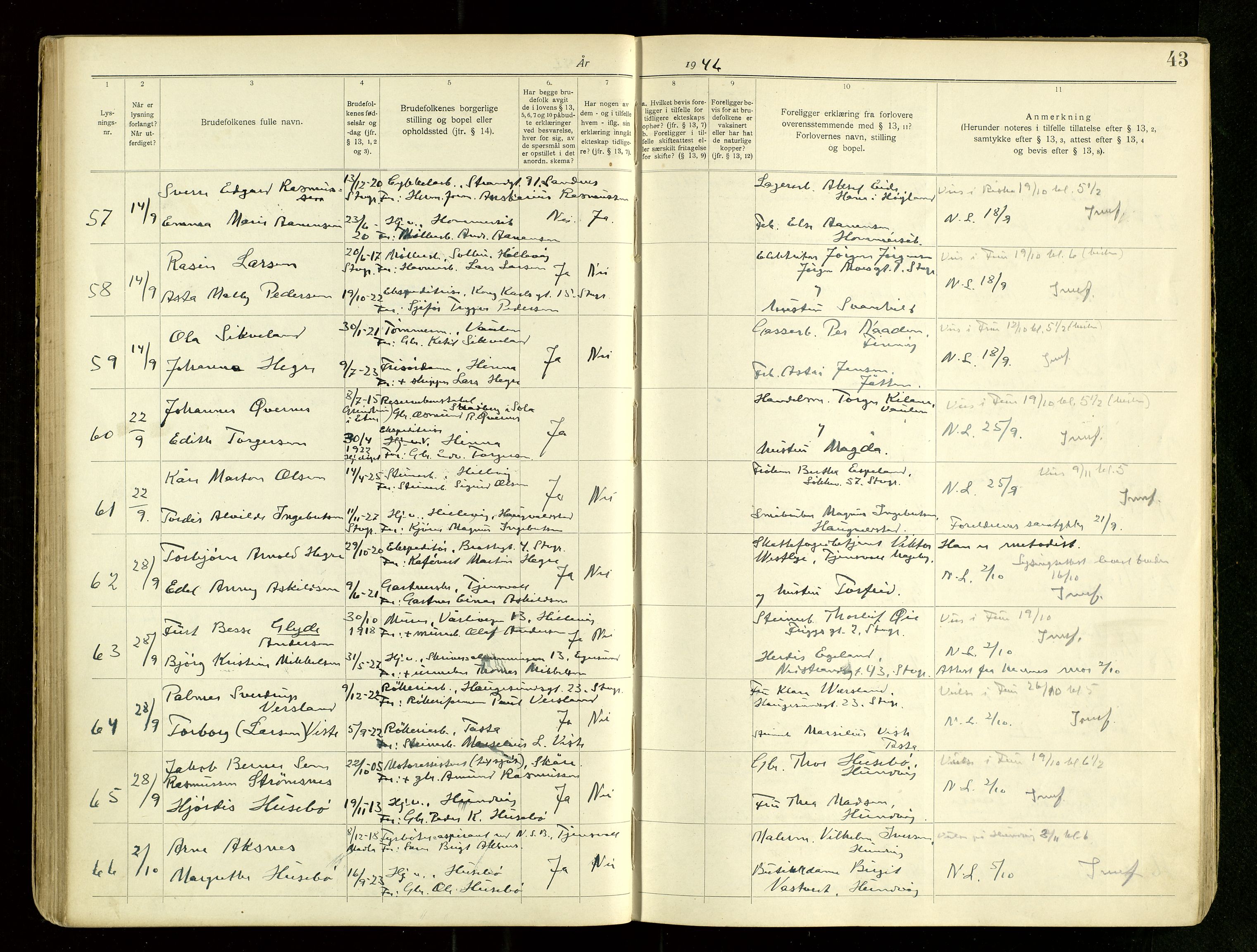 Hetland sokneprestkontor, AV/SAST-A-101826/70/705BA/L0007: Lysningsprotokoll nr. 7, 1939-1951, s. 43