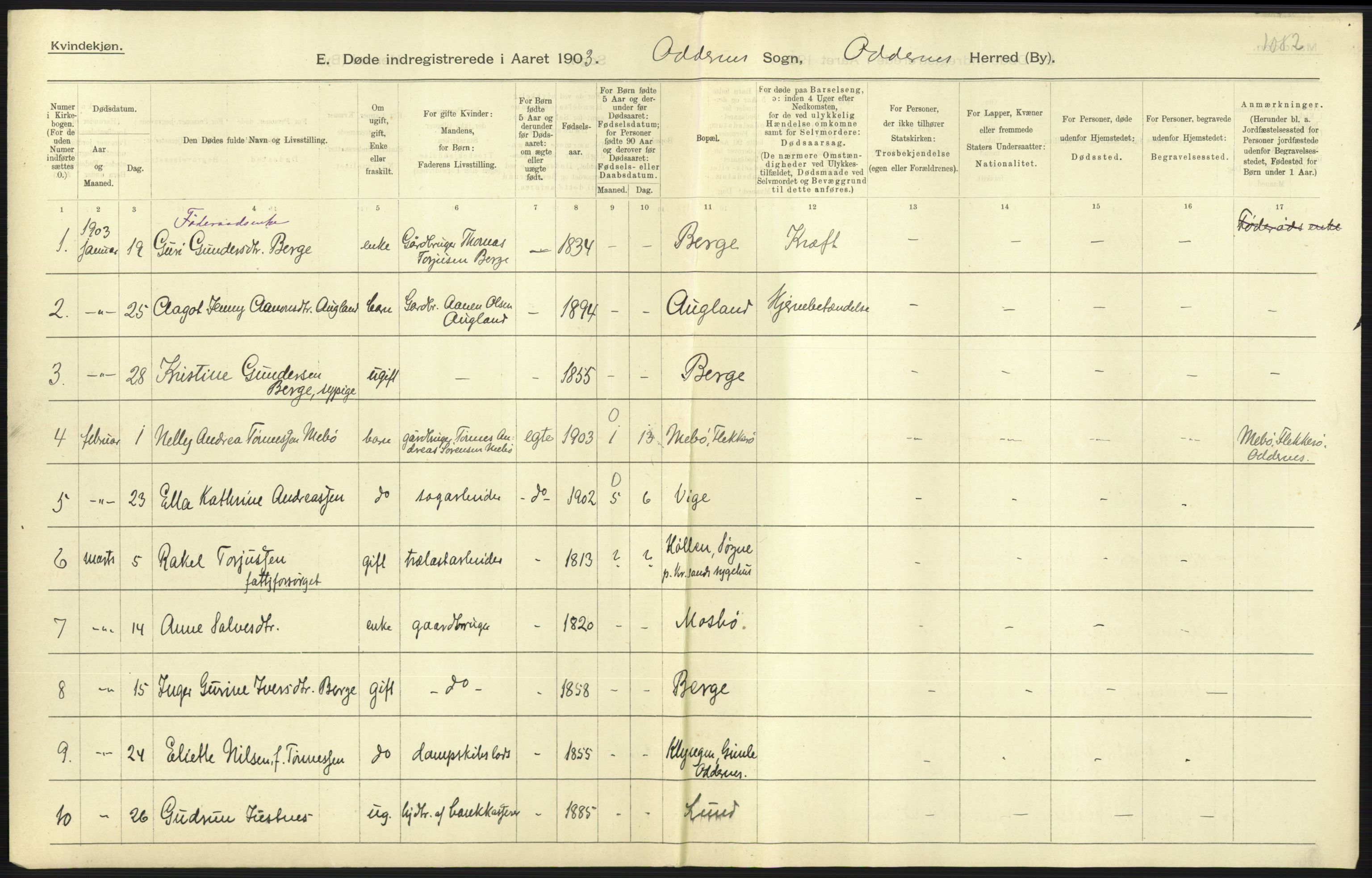 Statistisk sentralbyrå, Sosiodemografiske emner, Befolkning, AV/RA-S-2228/D/Df/Dfa/Dfaa/L0011: Lister og Mandal amt: Fødte, gifte, døde, 1903, s. 501