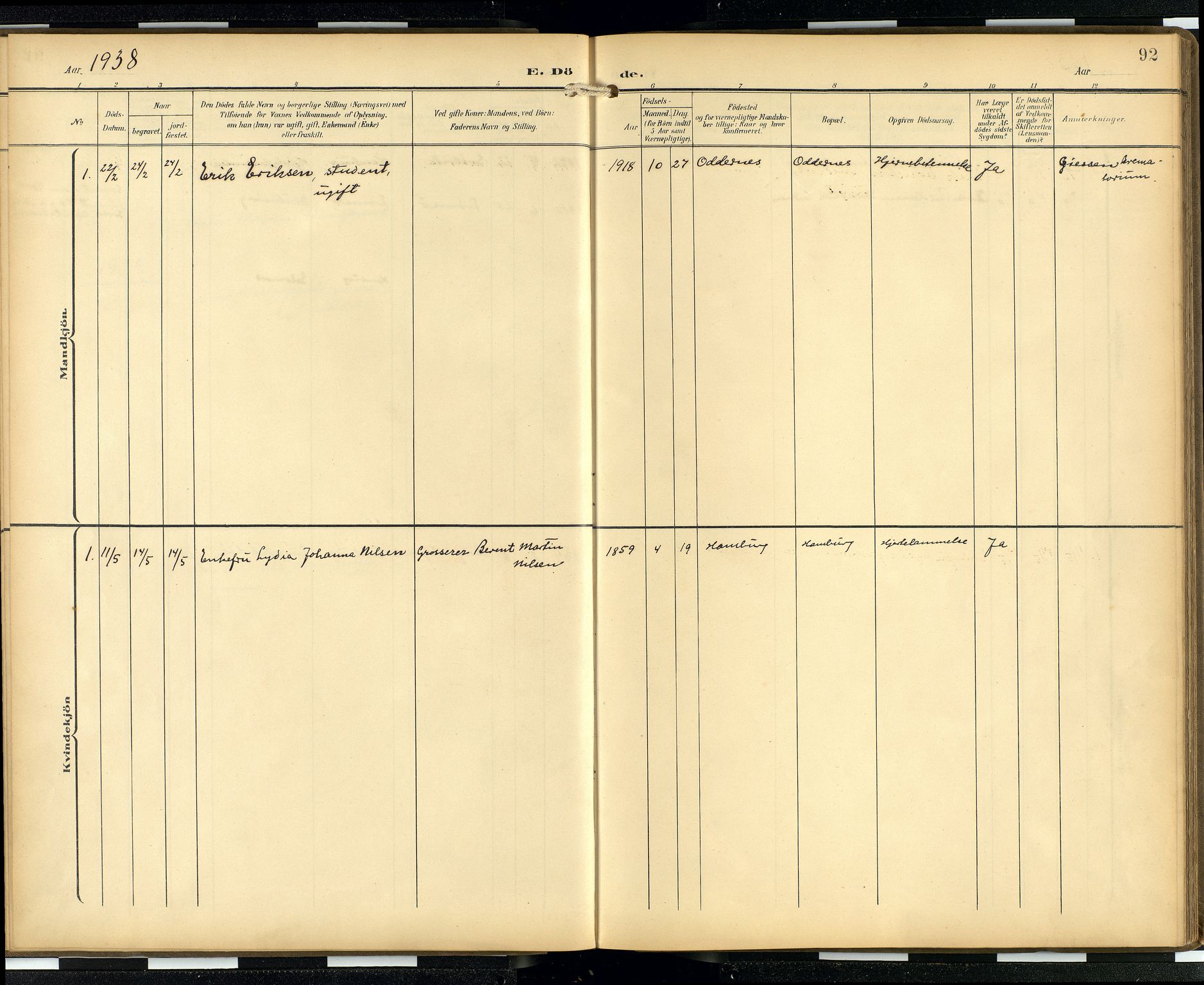 Den norske sjømannsmisjon i utlandet/Hamburg, AV/SAB-SAB/PA-0107/H/Ha/L0001: Ministerialbok nr. A 1, 1907-1951, s. 91b-92a