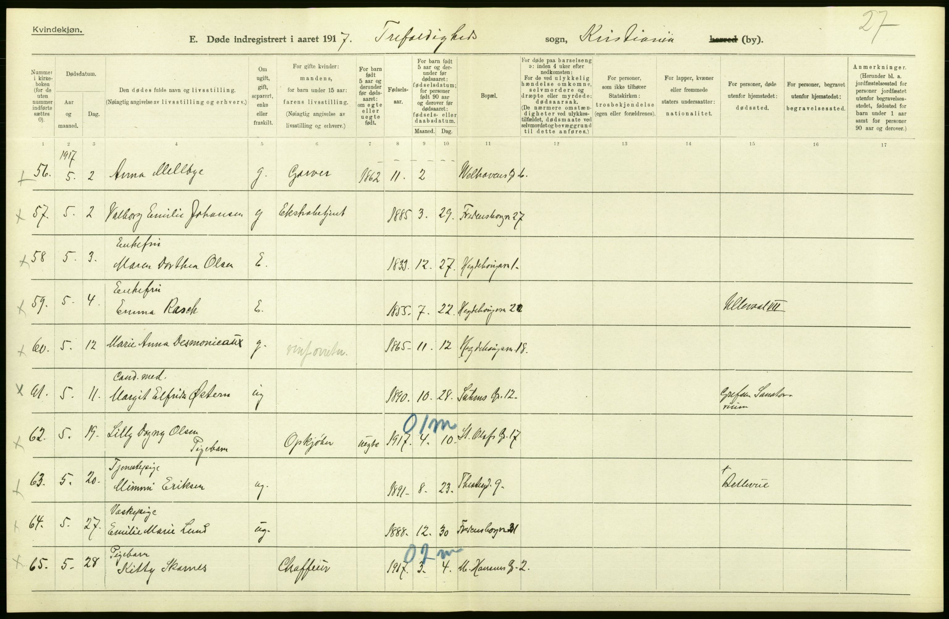 Statistisk sentralbyrå, Sosiodemografiske emner, Befolkning, AV/RA-S-2228/D/Df/Dfb/Dfbg/L0010: Kristiania: Døde, 1917, s. 38