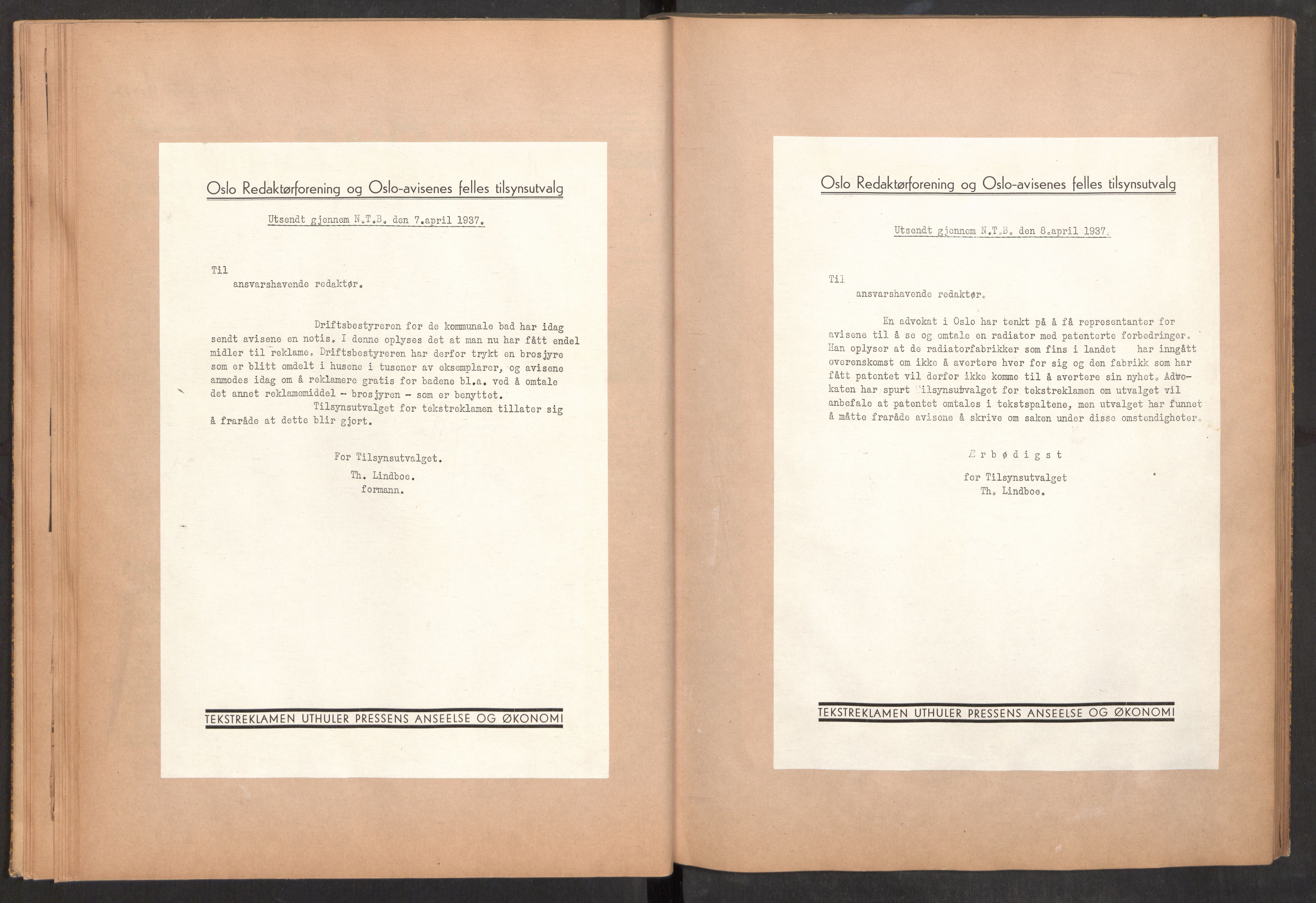 Tekstreklameutvalget, AV/RA-PA-0854/A/Aa/L0009: Meldinger til avisene, avisutklipp stemplet med den røde hånd, 1936-1938