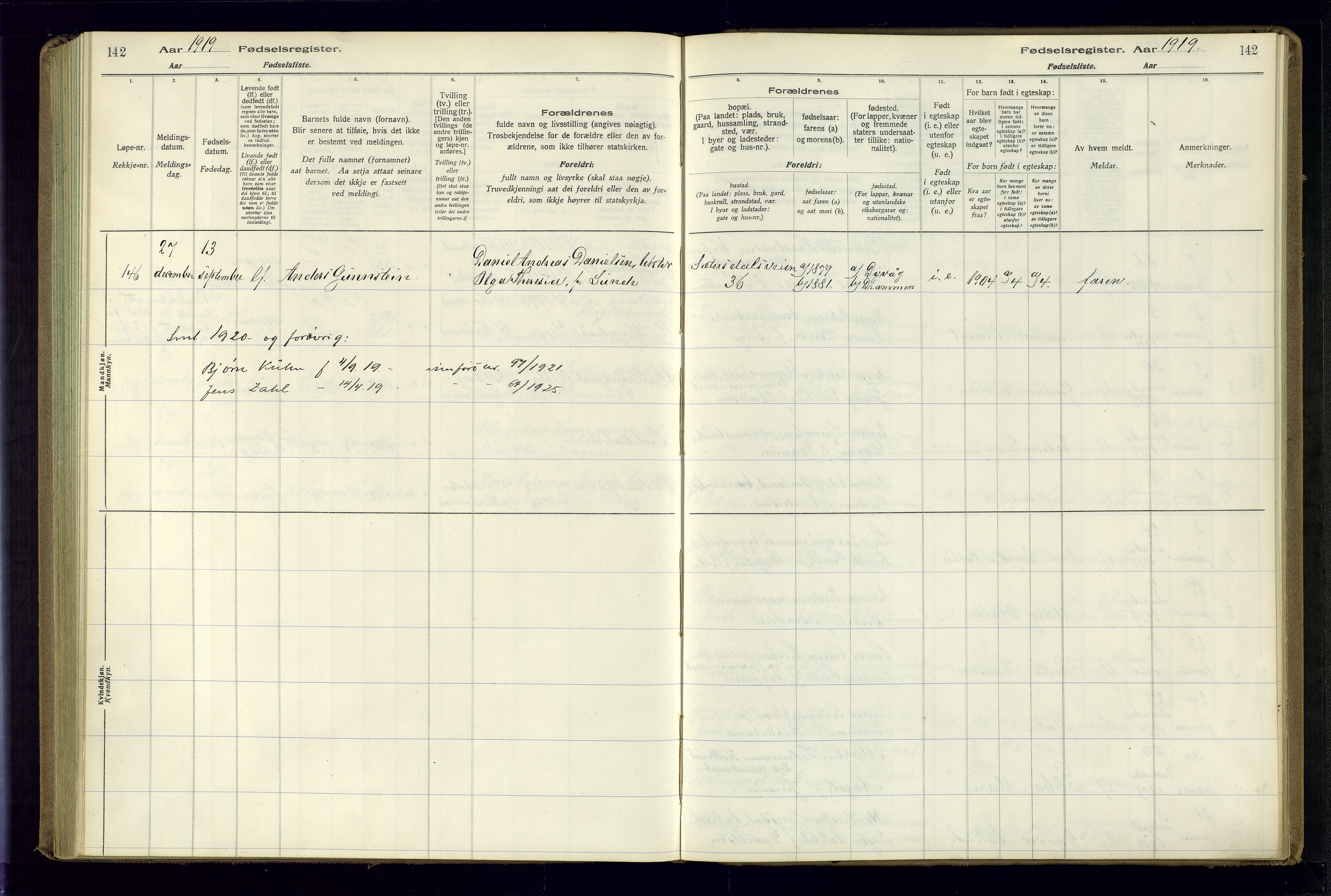 Kristiansand domprosti, AV/SAK-1112-0006/J/Jc/L0001: Fødselsregister nr. A-VI-45, 1916-1921, s. 142