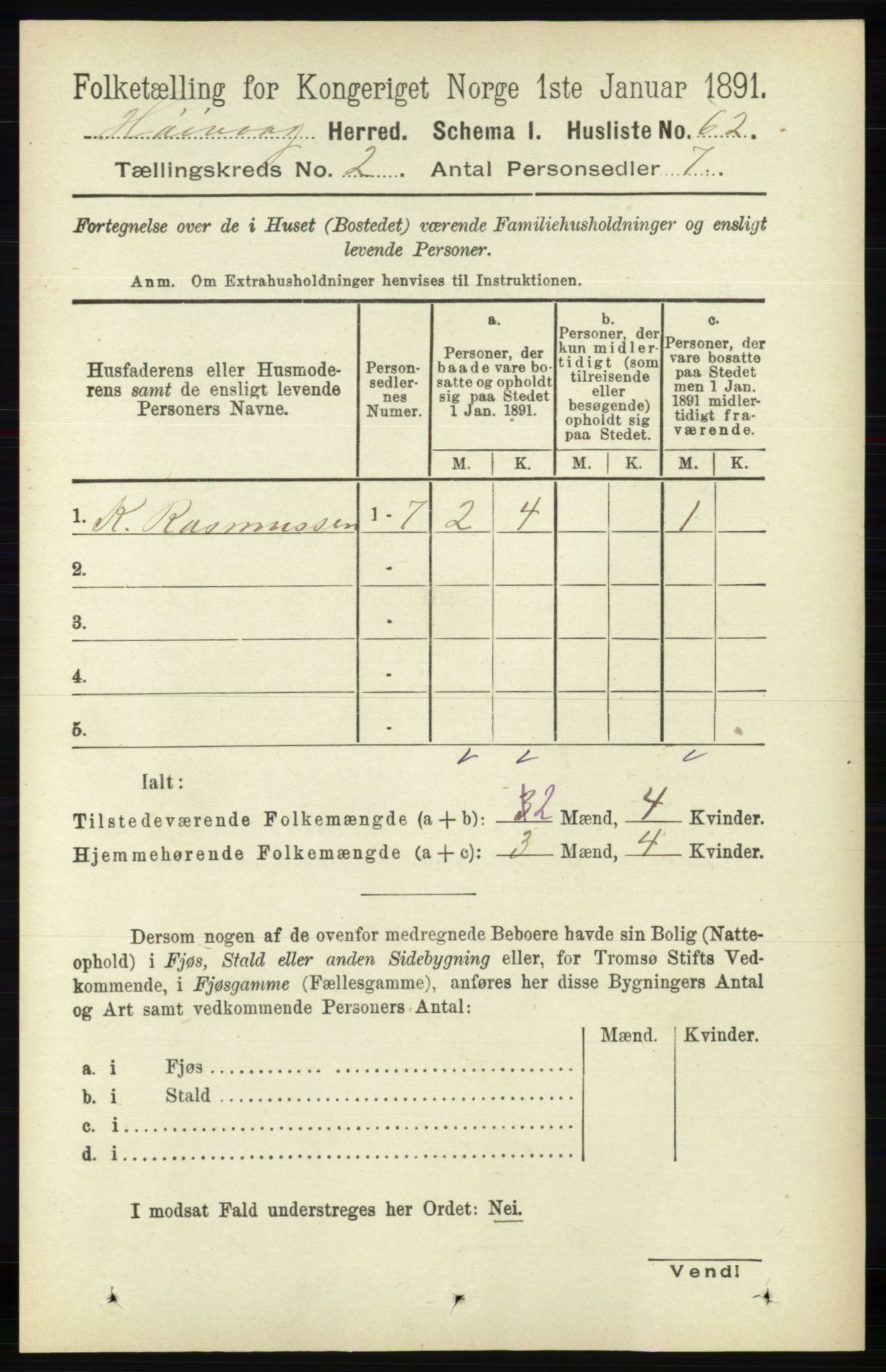 RA, Folketelling 1891 for 0927 Høvåg herred, 1891, s. 526