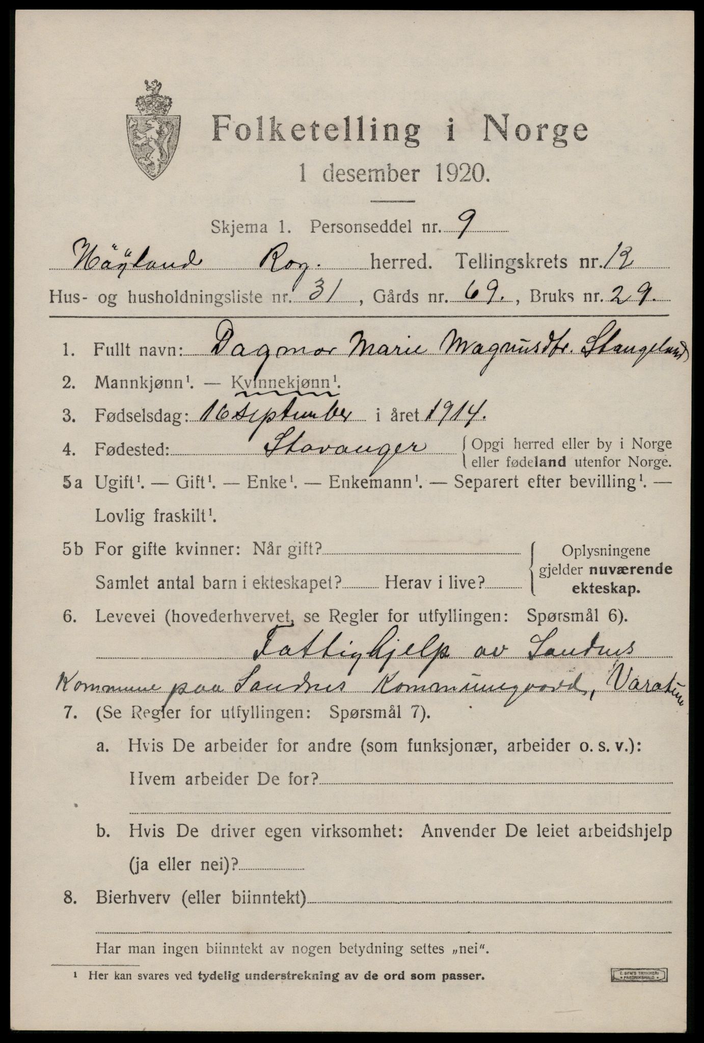 SAST, Folketelling 1920 for 1123 Høyland herred, 1920, s. 9718
