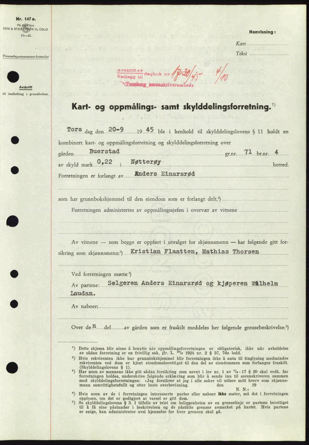 Tønsberg sorenskriveri, AV/SAKO-A-130/G/Ga/Gaa/L0017a: Pantebok nr. A17a, 1945-1945, Dagboknr: 1730/1945