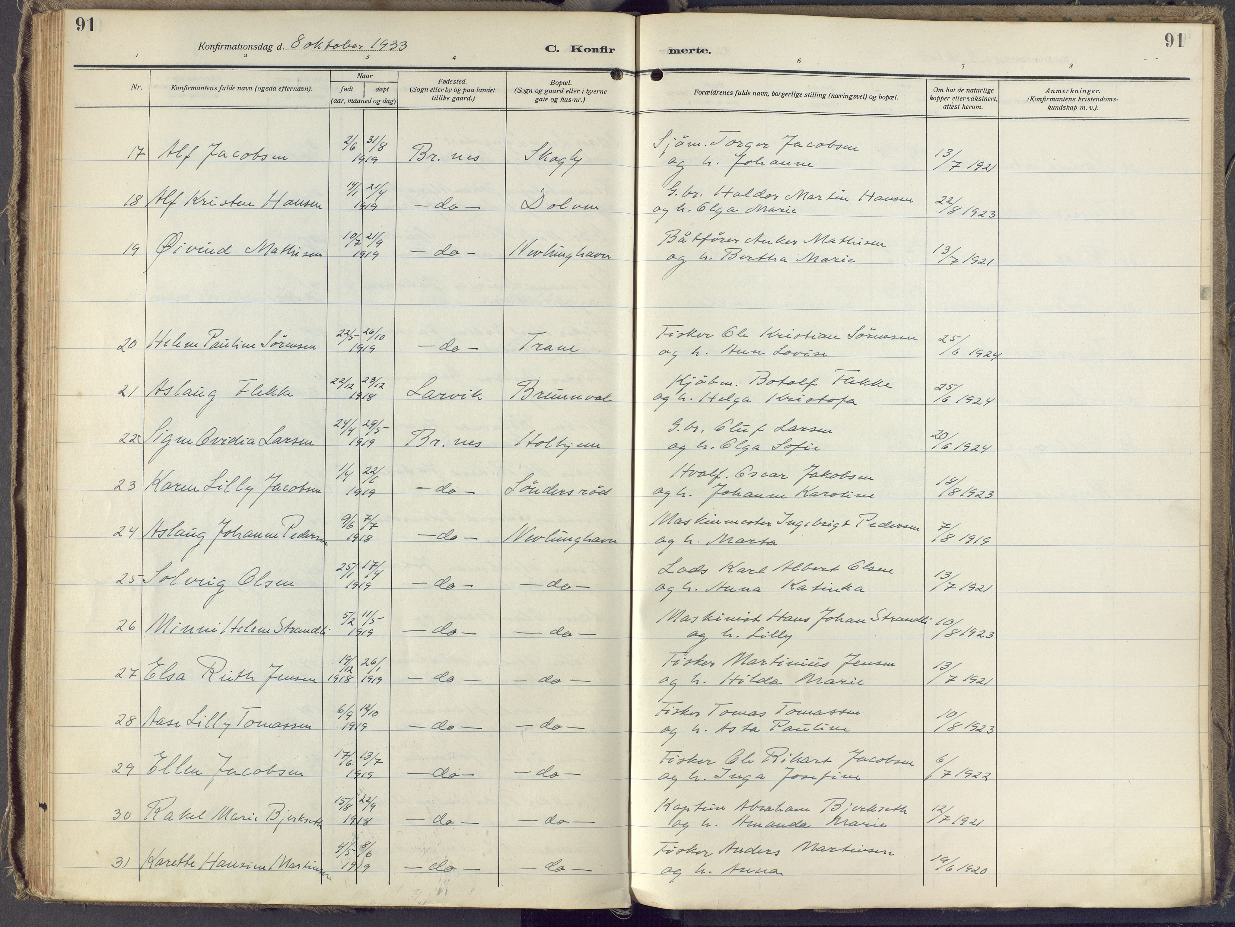 Brunlanes kirkebøker, AV/SAKO-A-342/F/Fb/L0004: Ministerialbok nr. II 4, 1923-1940, s. 91