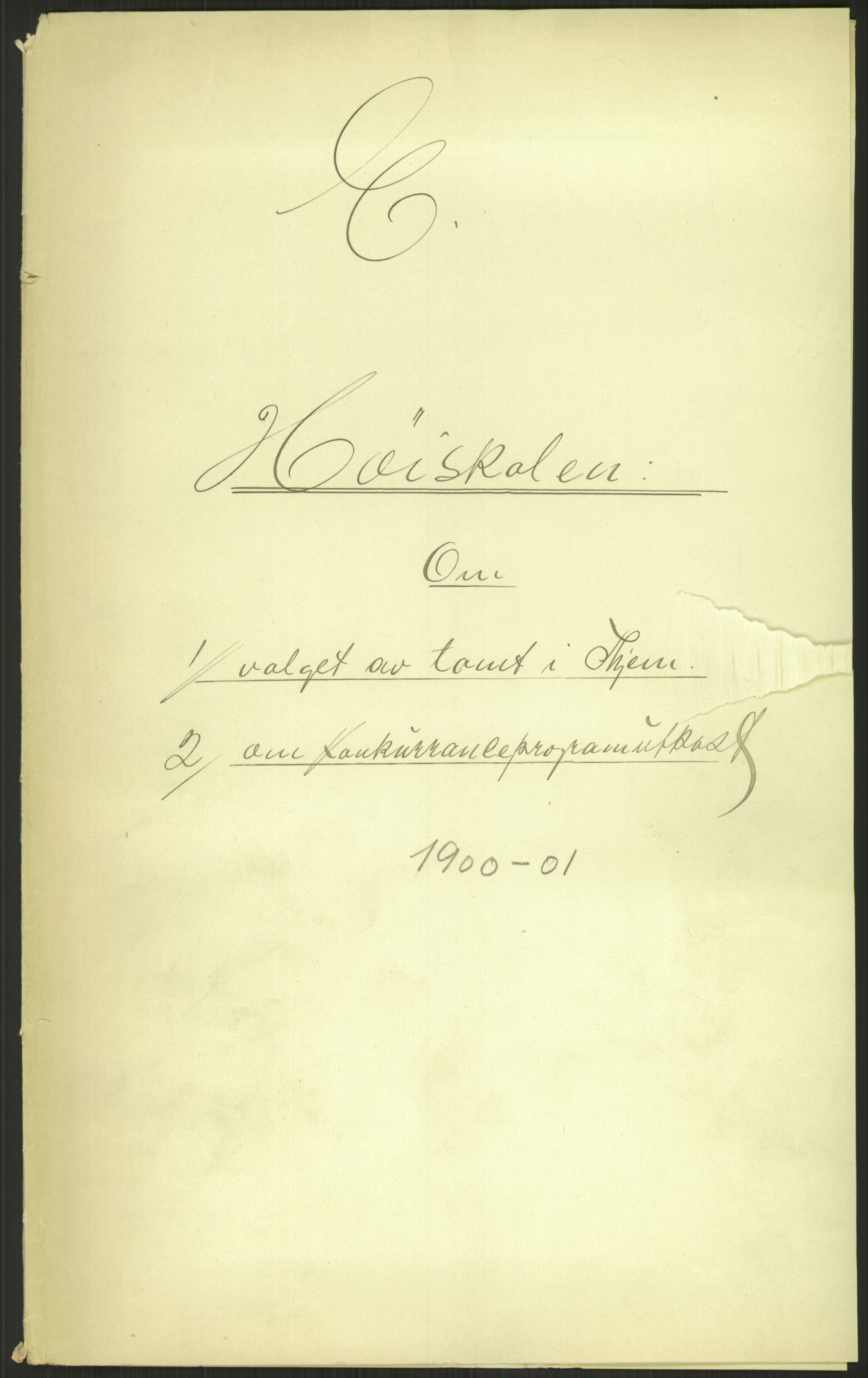 Kirke- og undervisningsdepartementet, 2. skolekontor E, RA/S-1022/E/Ea/L0041/0002: Norges Tekniske Høyskole / Valg av tomt. Konkurranseprogramutkast, 1900-1901