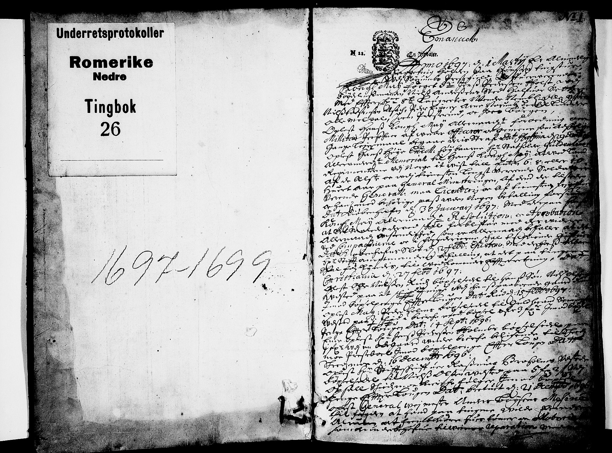 Nedre Romerike sorenskriveri, SAO/A-10469/F/Fb/L0026: Tingbok, 1697-1699, s. 0b-1a