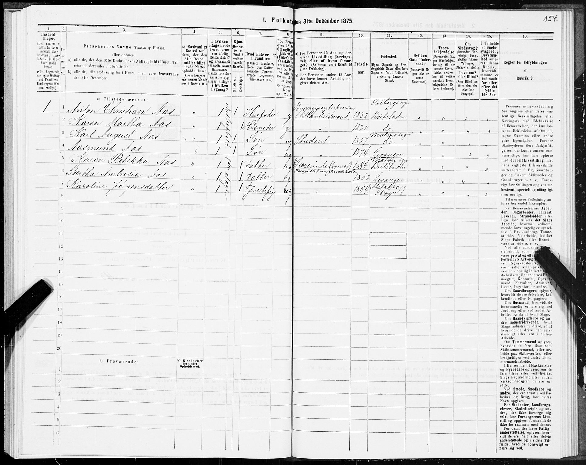 SAT, Folketelling 1875 for 1701B Levanger prestegjeld, Levanger kjøpstad, 1875, s. 154