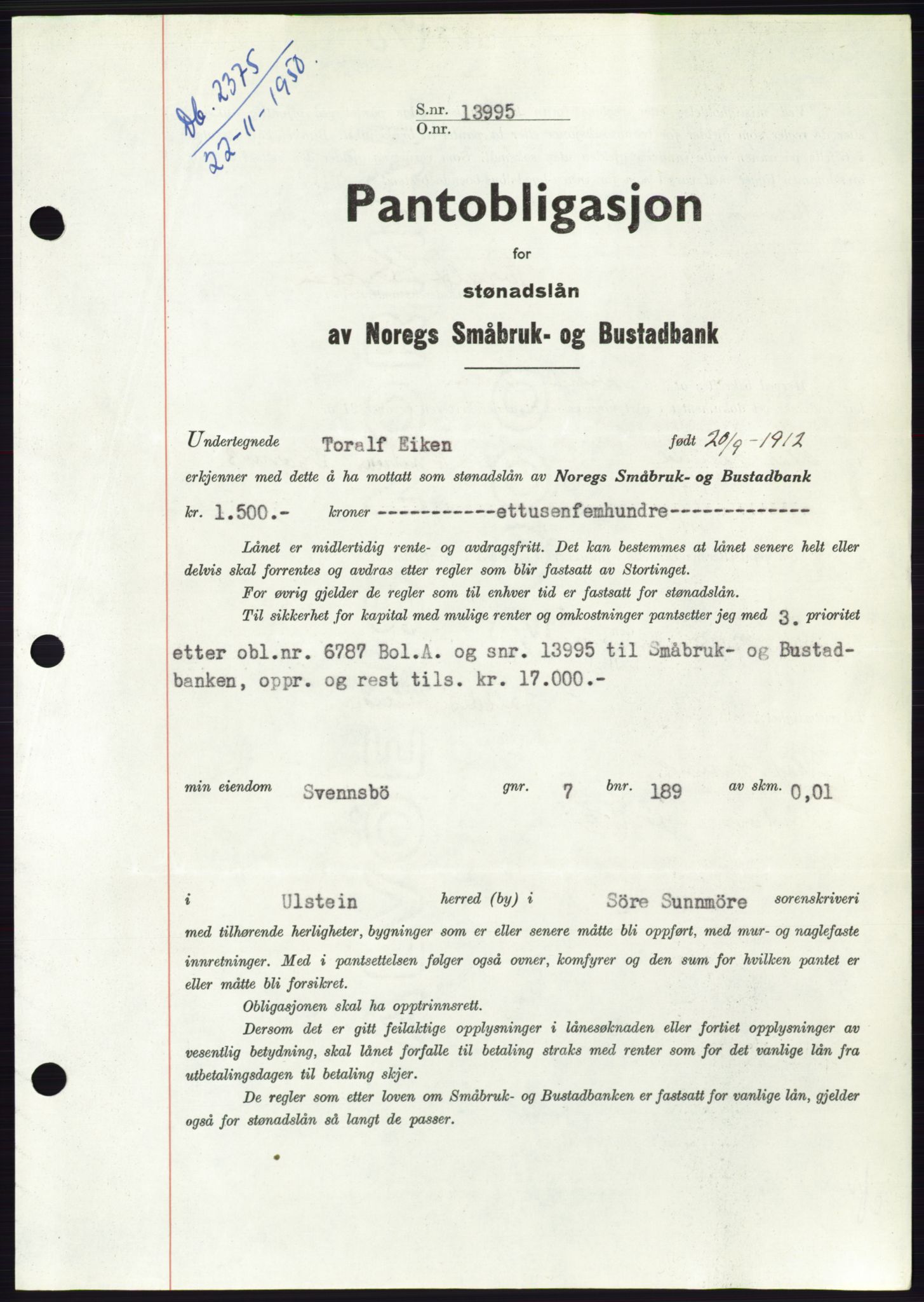 Søre Sunnmøre sorenskriveri, SAT/A-4122/1/2/2C/L0119: Pantebok nr. 7B, 1950-1951, Dagboknr: 2375/1950