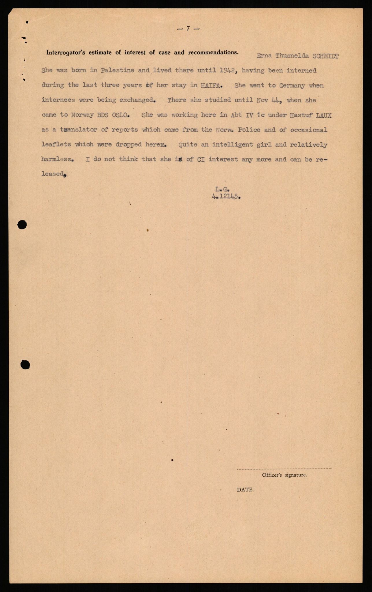 Forsvaret, Forsvarets overkommando II, RA/RAFA-3915/D/Db/L0029: CI Questionaires. Tyske okkupasjonsstyrker i Norge. Tyskere., 1945-1946, s. 399