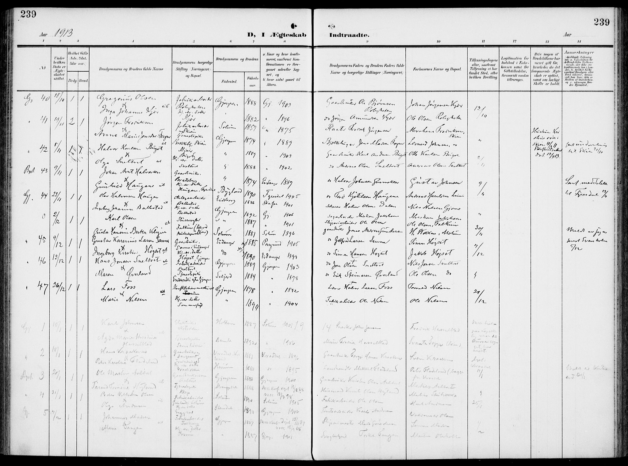 Gjerpen kirkebøker, AV/SAKO-A-265/F/Fa/L0012: Ministerialbok nr. I 12, 1905-1913, s. 239