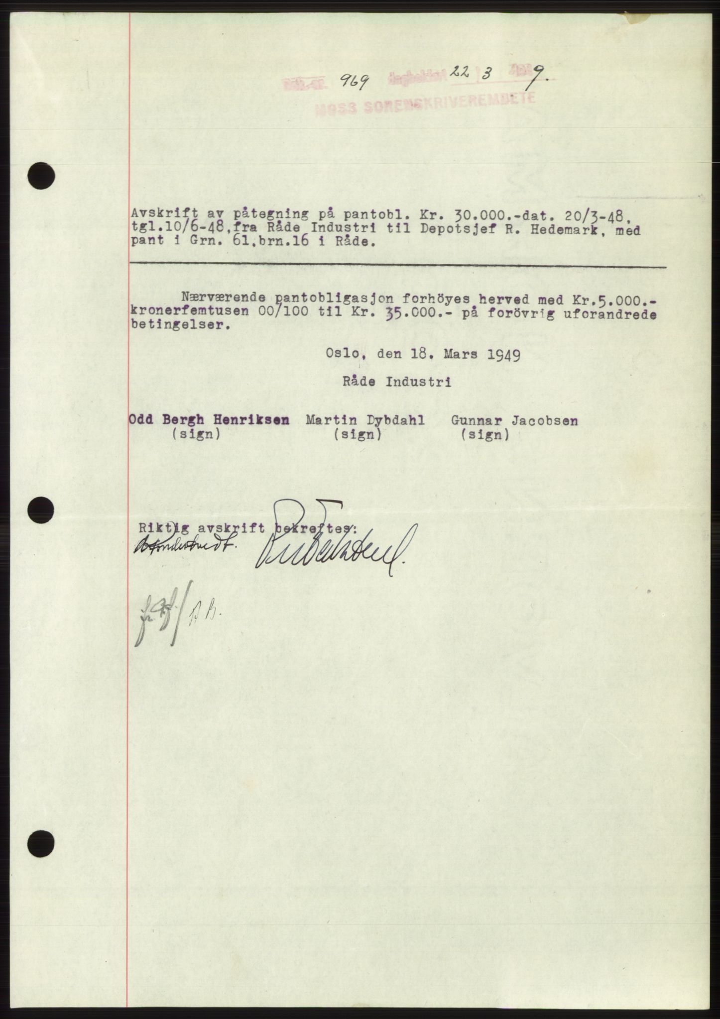 Moss sorenskriveri, SAO/A-10168: Pantebok nr. B21, 1949-1949, Dagboknr: 969/1949