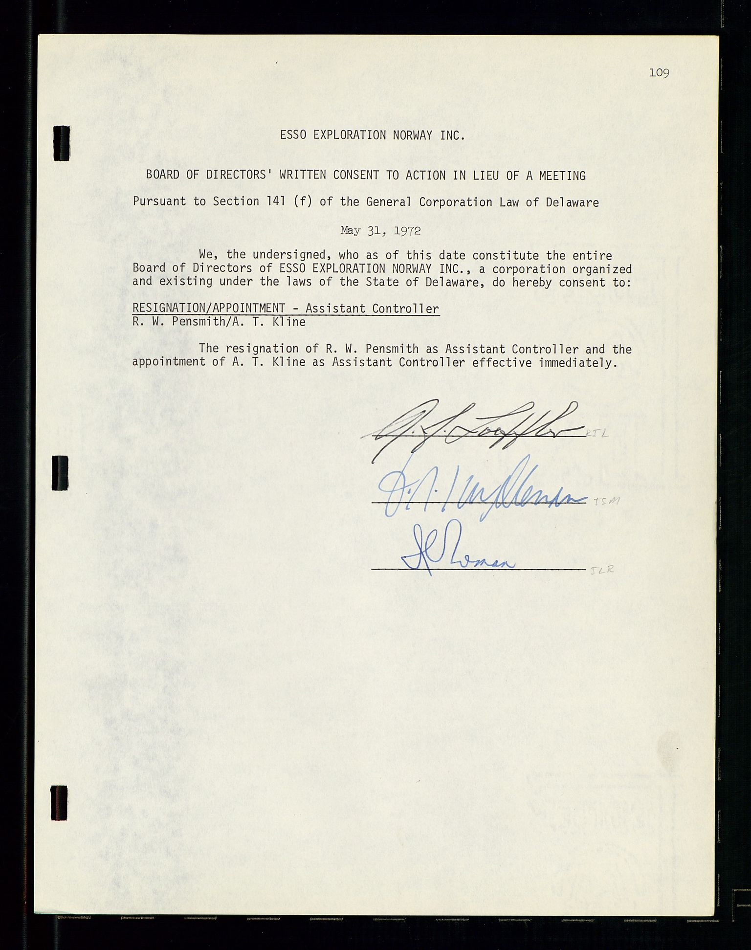 Pa 1512 - Esso Exploration and Production Norway Inc., SAST/A-101917/A/Aa/L0001/0001: Styredokumenter / Corporate records, By-Laws, Board meeting minutes, Incorporations, 1965-1975, s. 109