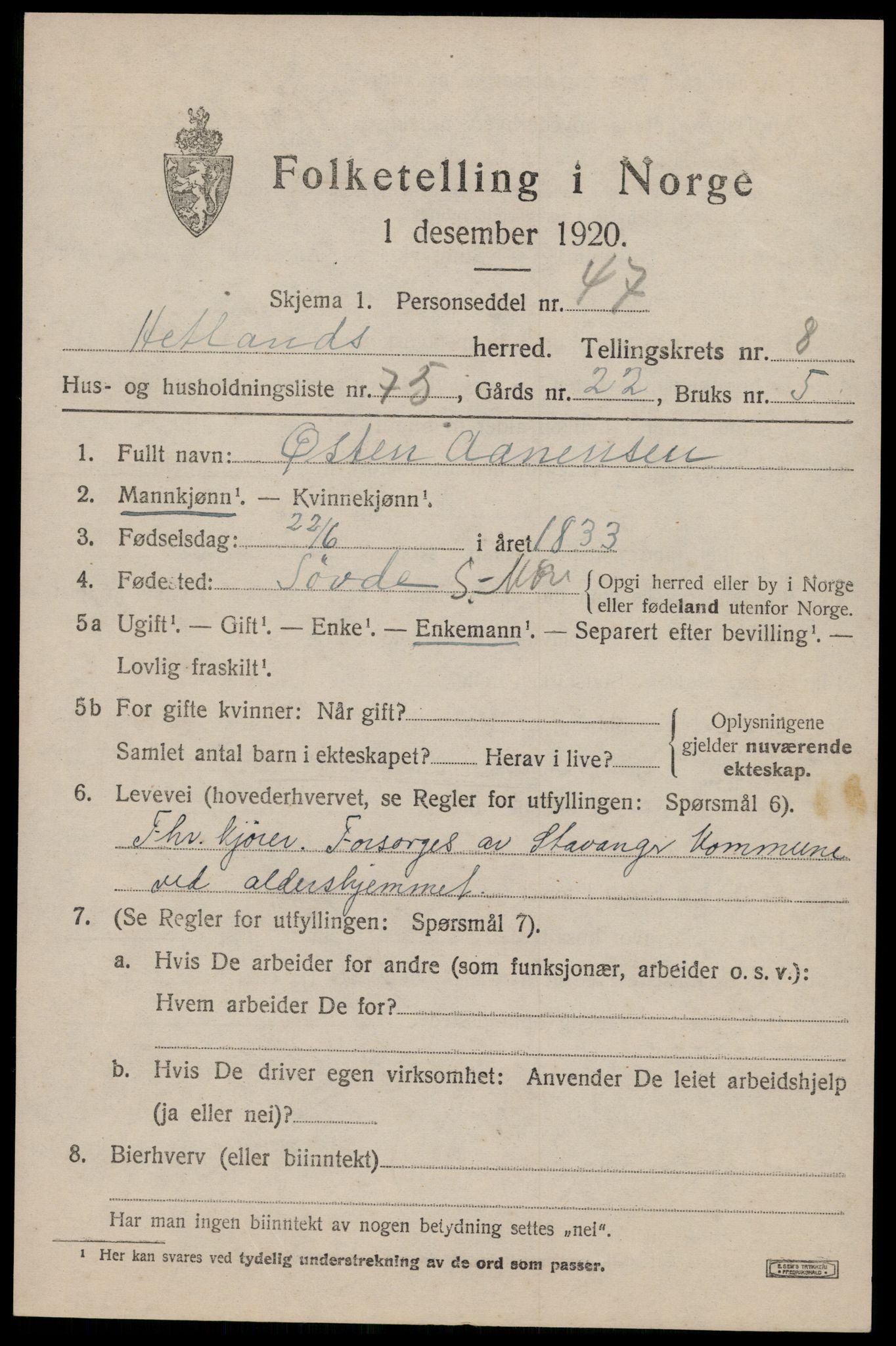 SAST, Folketelling 1920 for 1126 Hetland herred, 1920, s. 16817