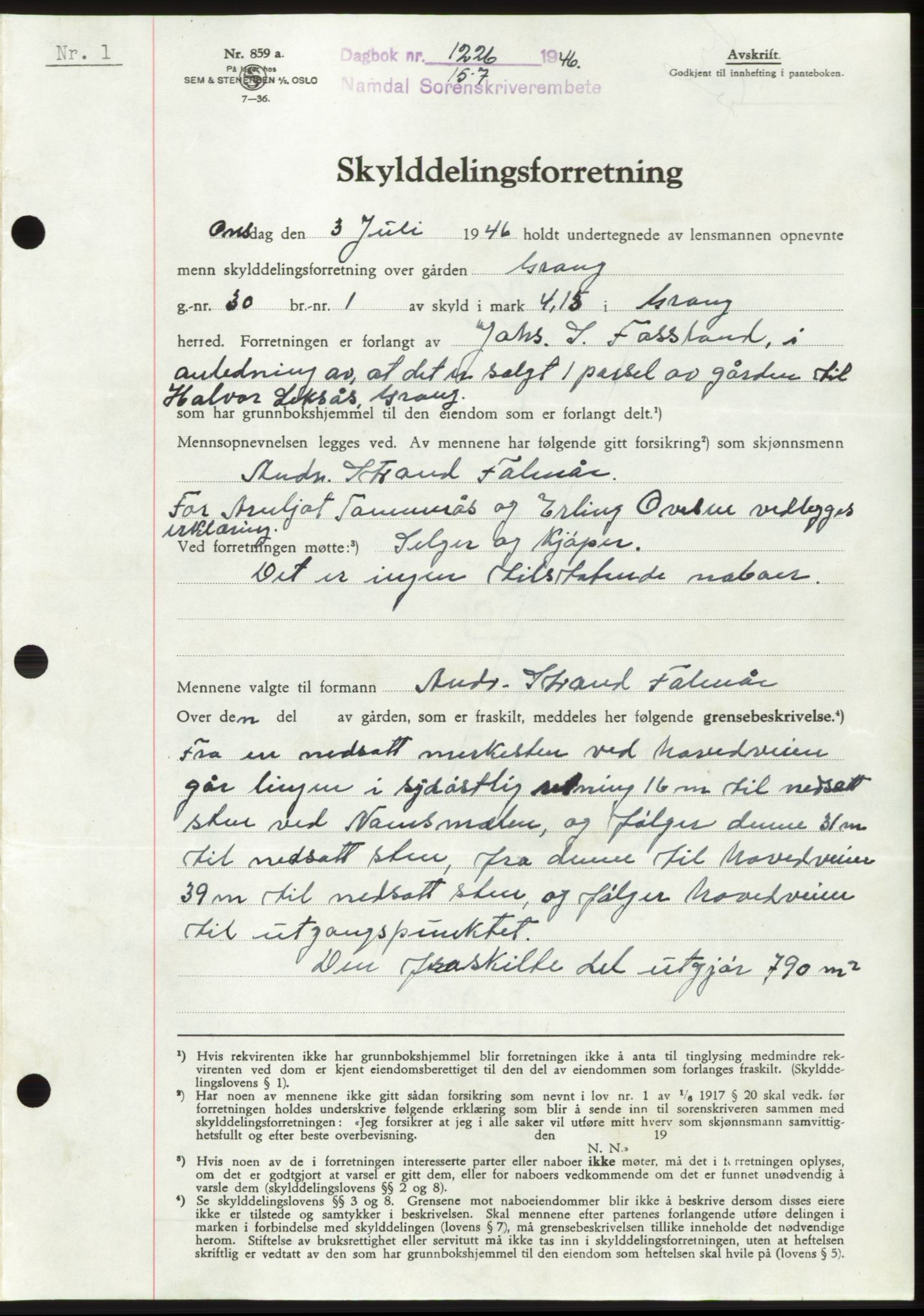 Namdal sorenskriveri, SAT/A-4133/1/2/2C: Pantebok nr. -, 1946-1946, Dagboknr: 1226/1946