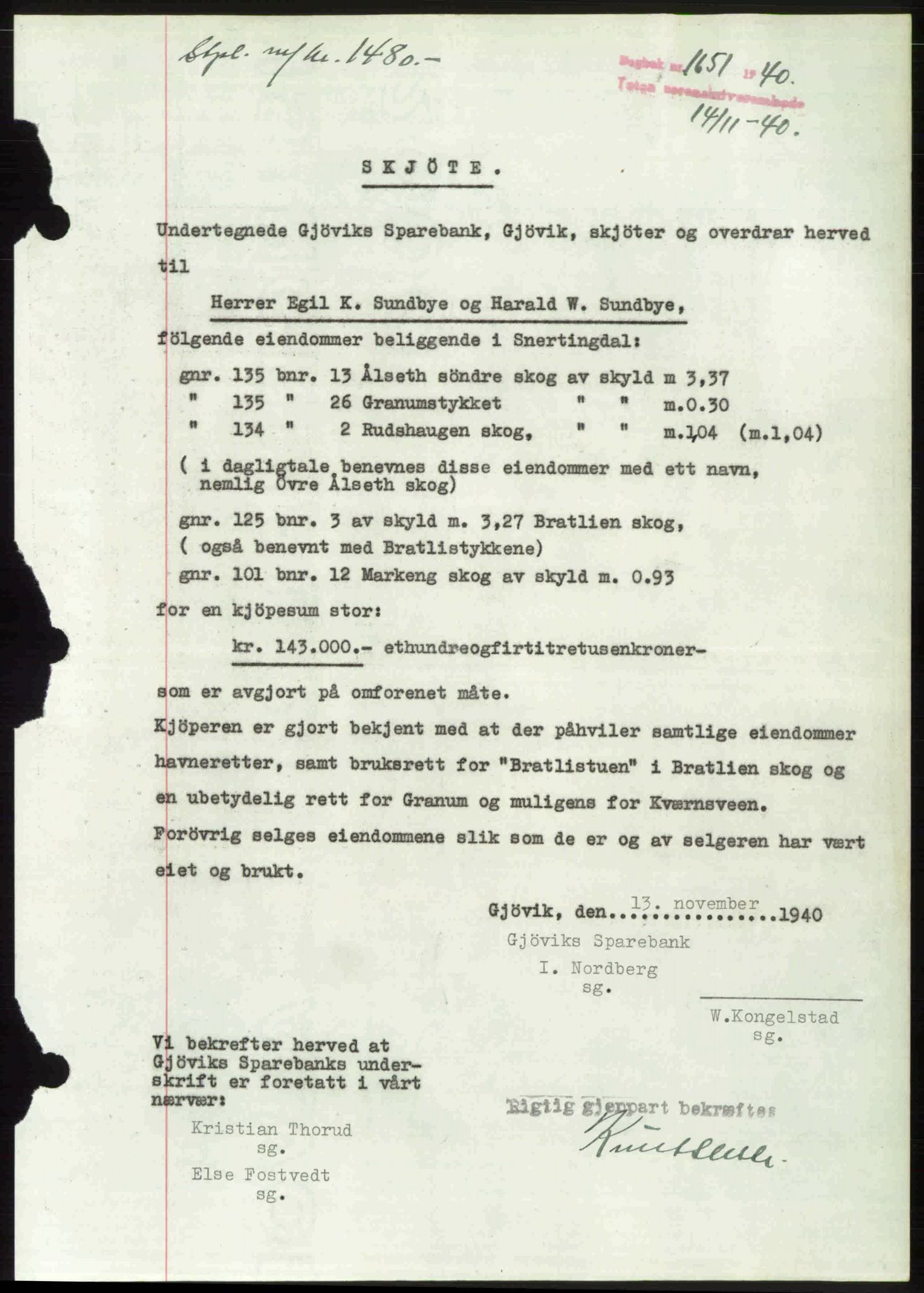 Toten tingrett, SAH/TING-006/H/Hb/Hbc/L0007: Pantebok nr. Hbc-07, 1939-1940, Dagboknr: 1651/1940