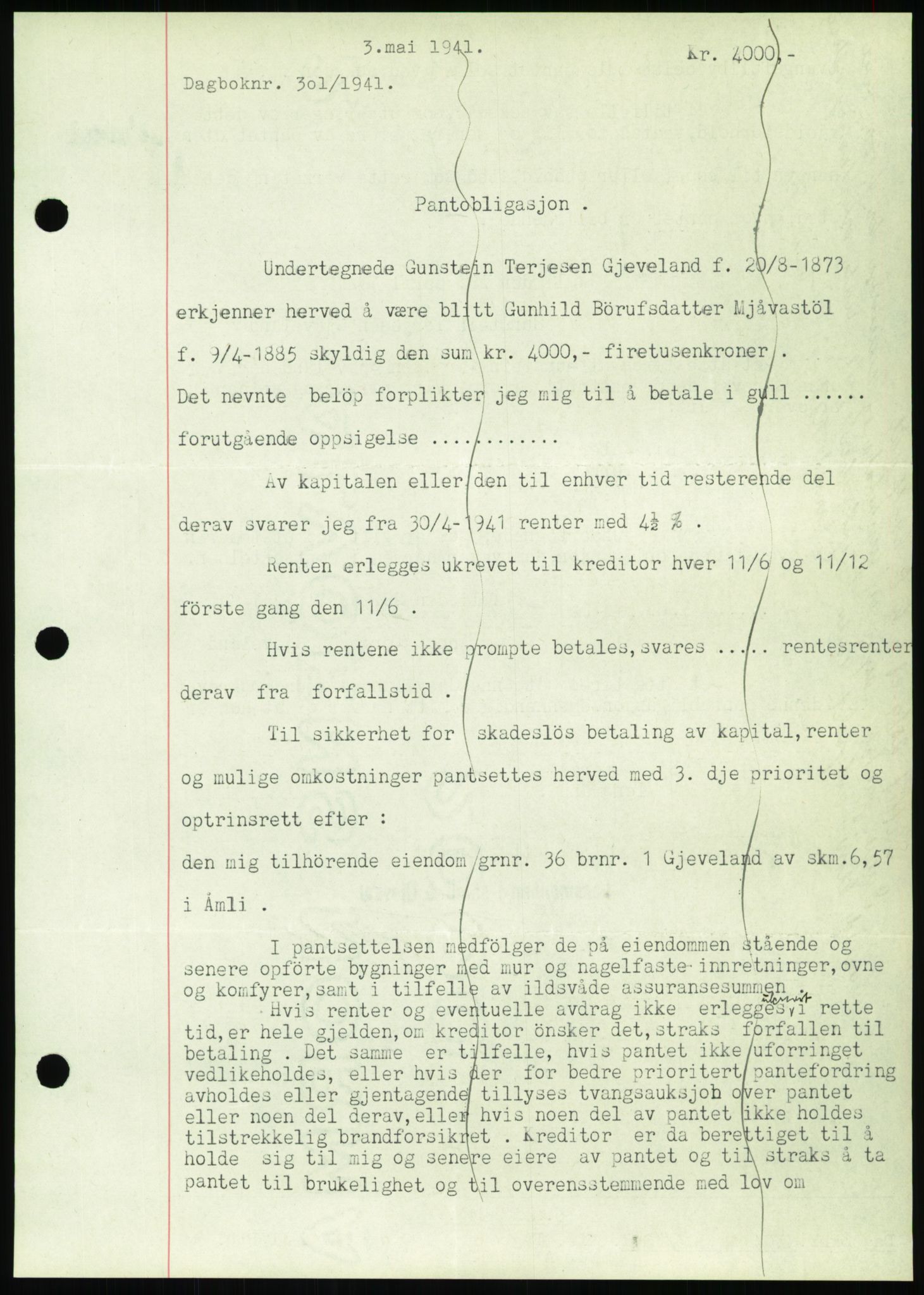 Nedenes sorenskriveri, SAK/1221-0006/G/Gb/Gbb/L0001: Pantebok nr. I, 1939-1942, Dagboknr: 301/1941